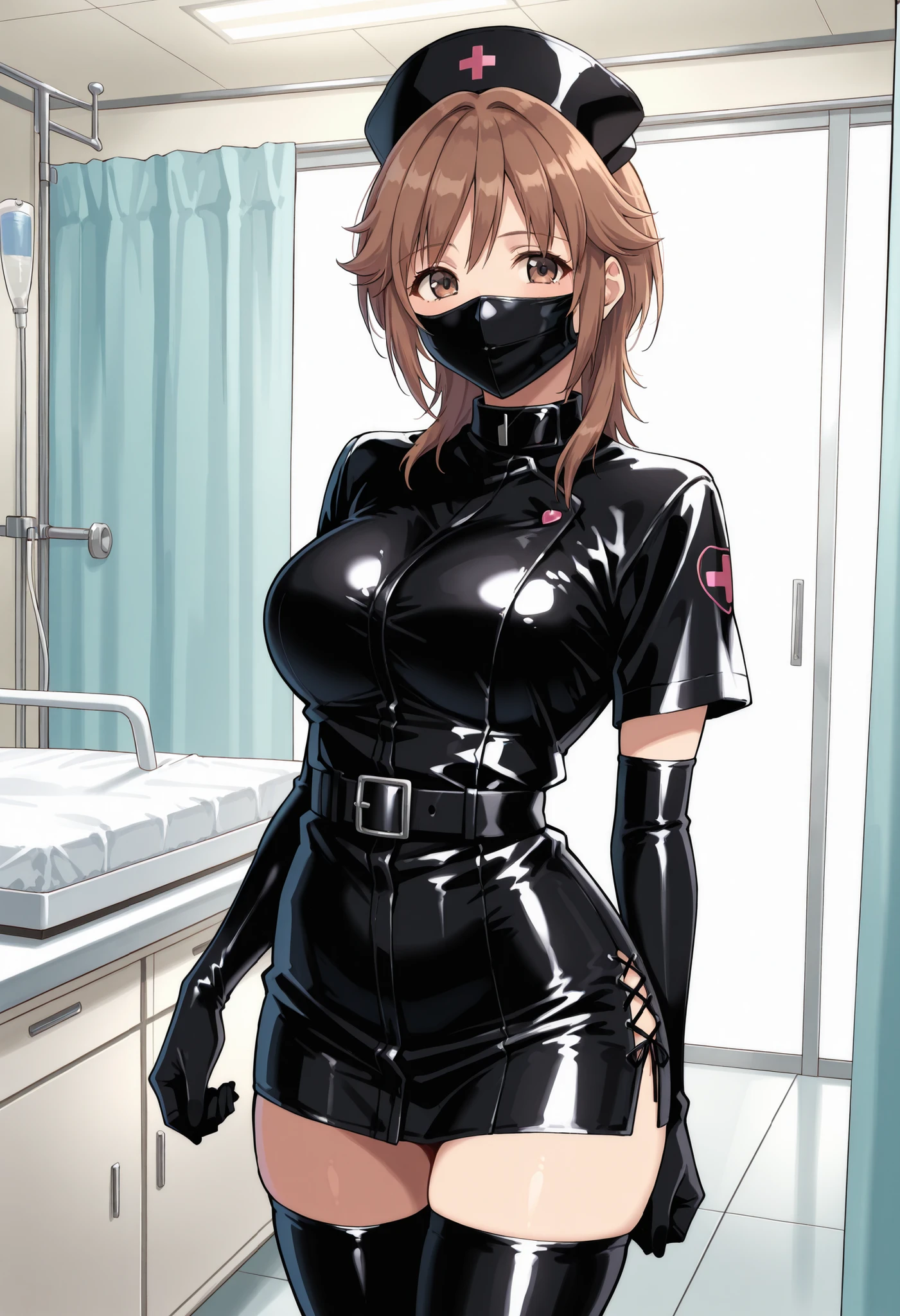Score_9, score_8_up, score_7_up, source_anime, srkho, solo, brown hair, medium hair, brown eyes, large breasts, enamel leather dark nurse, latex dress, black latex elbow gloves, black latex legwear, latex, latex skirt, (best quality), (high quality), {masterpiece}, extremely delicate and beautiful, ultra-detailed, beautiful detailed eyes, nurse, nurse hat, ((black nurse's outfit)), surgery room, black rubbermask, mask, mouth mask, standing