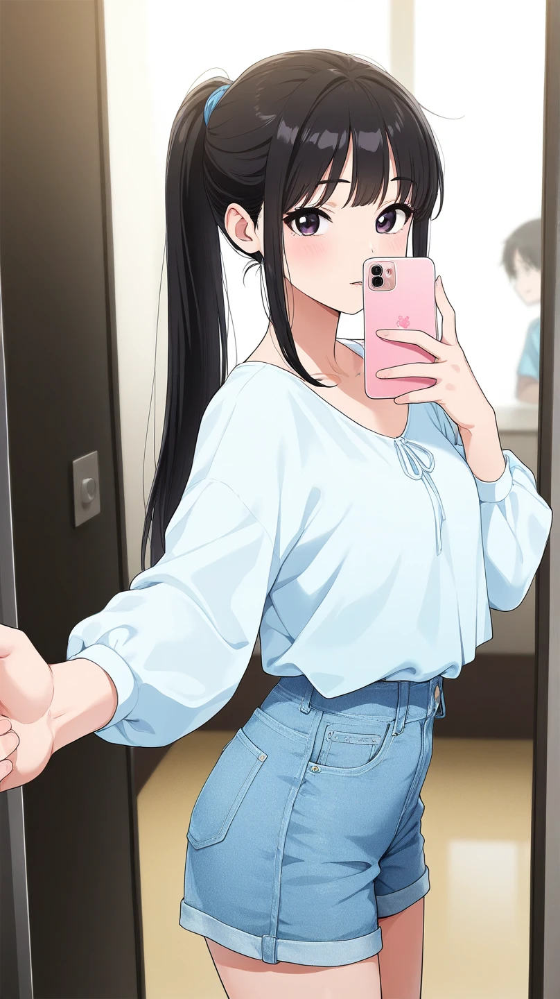 high resolution photo, Best image quality, amazing quality, official art,  masterpiece, Korean woman in her 20s,  very beautiful, Beautiful big sapphire eyes, long black straight hair, ponytail, light blue summer blouse top, Vintage blue jeans shorts,  Innocence , maturity, big , A beautiful view of the sunset, Selfie