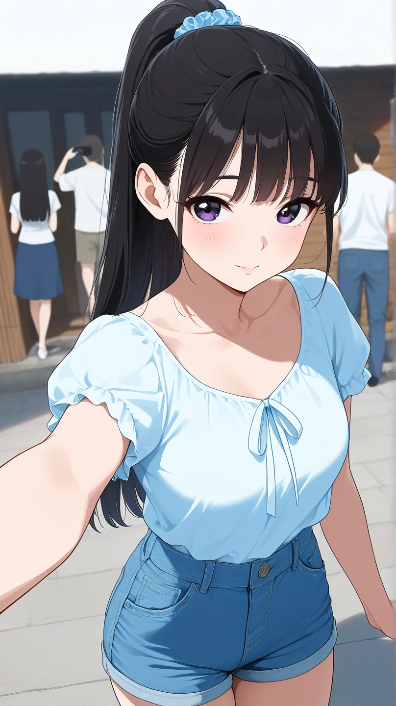 high resolution photo, Best image quality, amazing quality, official art,  masterpiece, Korean woman in her 20s,  very beautiful, Beautiful big sapphire eyes, long black straight hair, ponytail, light blue summer blouse top, Vintage blue jeans shorts,  Innocence , maturity, big , A beautiful view of the sunset, Selfie