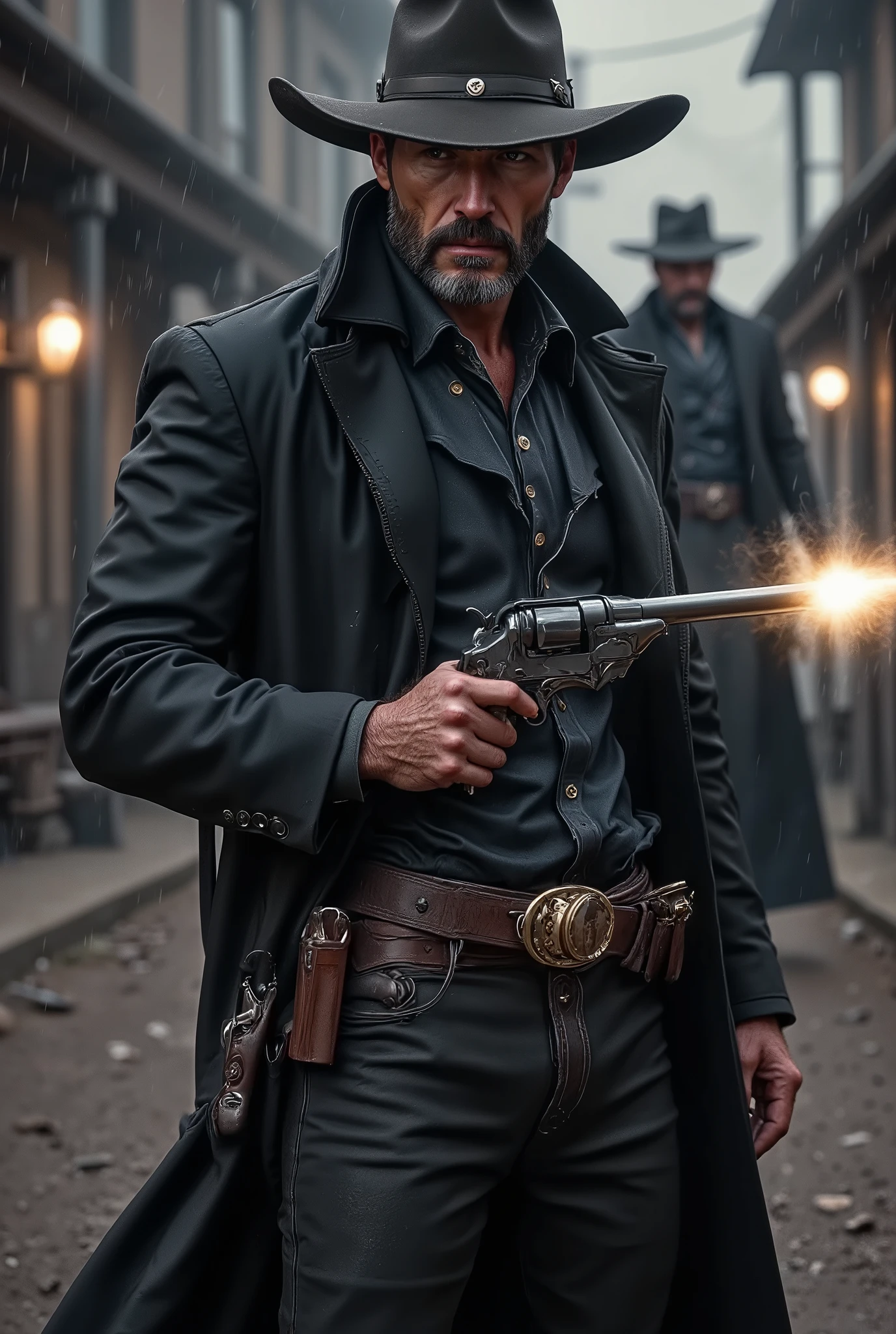 A hyperrealistic, cinematic medium shot of Jack Crowley, a grizzled gunslinger, captured in the heart of an intense Western showdown. He stands in the rain-slicked, muddy street of a desolate frontier town, his dark leather overcoat swaying slightly with the motion of his swift draw. His wide-brimmed cowboy hat casts shadows over his sharp, focused eyes, locked onto his target with lethal precision.
In a flash of movement, Jack Crowley pulls out a single Colt revolver from his side holster, the polished steel catching faint flickers of dim light as it swings forward. His grip is firm and steady, finger curling around the trigger with unyielding intent. A burst of muzzle flash erupts from the barrel, illuminating his determined expression and casting sharp light onto drifting particles of dust and smoke. The shockwave ripples visibly through the mist-laden air, adding tangible intensity to the shot.
Opposite him, in the blurred, shadowy background, the outline of another gunman is seen flinching back, shrouded in fog and faintly illuminated by the flash of gunfire. The shallow depth of field isolates Jack Crowley and his Colt revolver with razor-sharp focus, while the opposing figure and the crumbling buildings of the frontier town melt into soft, shadowy abstraction.
The scene is framed with a Canon EOS 5D Mark IV using an 85mm f/1.2 lens — ISO 100, shutter speed 1/1000, aperture f/1.2. This setup produces an ultra-cinematic effect, where the medium shot showcases both Crowley's swift action and the looming presence of his rival, while the oppressive, rain-soaked atmosphere adds weight to the encounter.
Style: Hyperrealistic cinematic photography, dark Western atmosphere, dramatic action, muzzle flash, shallow depth of field
Keywords: gunslinger duel, Colt revolver, gunfight, Western town, cinematic lighting, shallow depth of field, Canon EOS 5D Mark IV, 85mm f/1.2 lens, rain, smoke, muzzle flash, dramatic shadows
