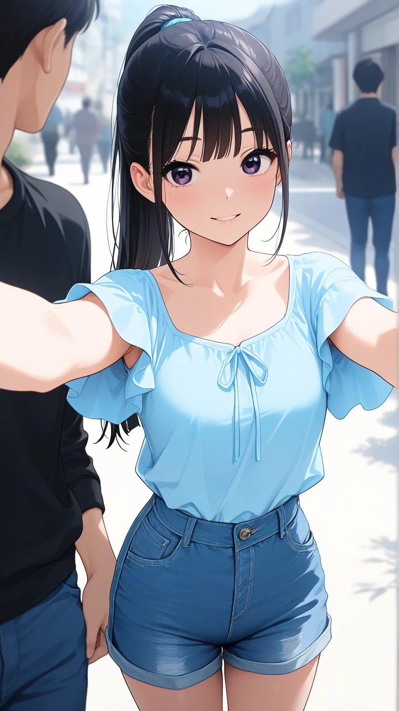 high resolution photo, Best image quality, amazing quality, official art,  masterpiece, Korean woman in her 20s,  very beautiful, Beautiful big sapphire eyes, long black straight hair, ponytail, light blue summer blouse top, Vintage blue jeans shorts,  Innocence , maturity, big , A beautiful view of the sunset, Selfie