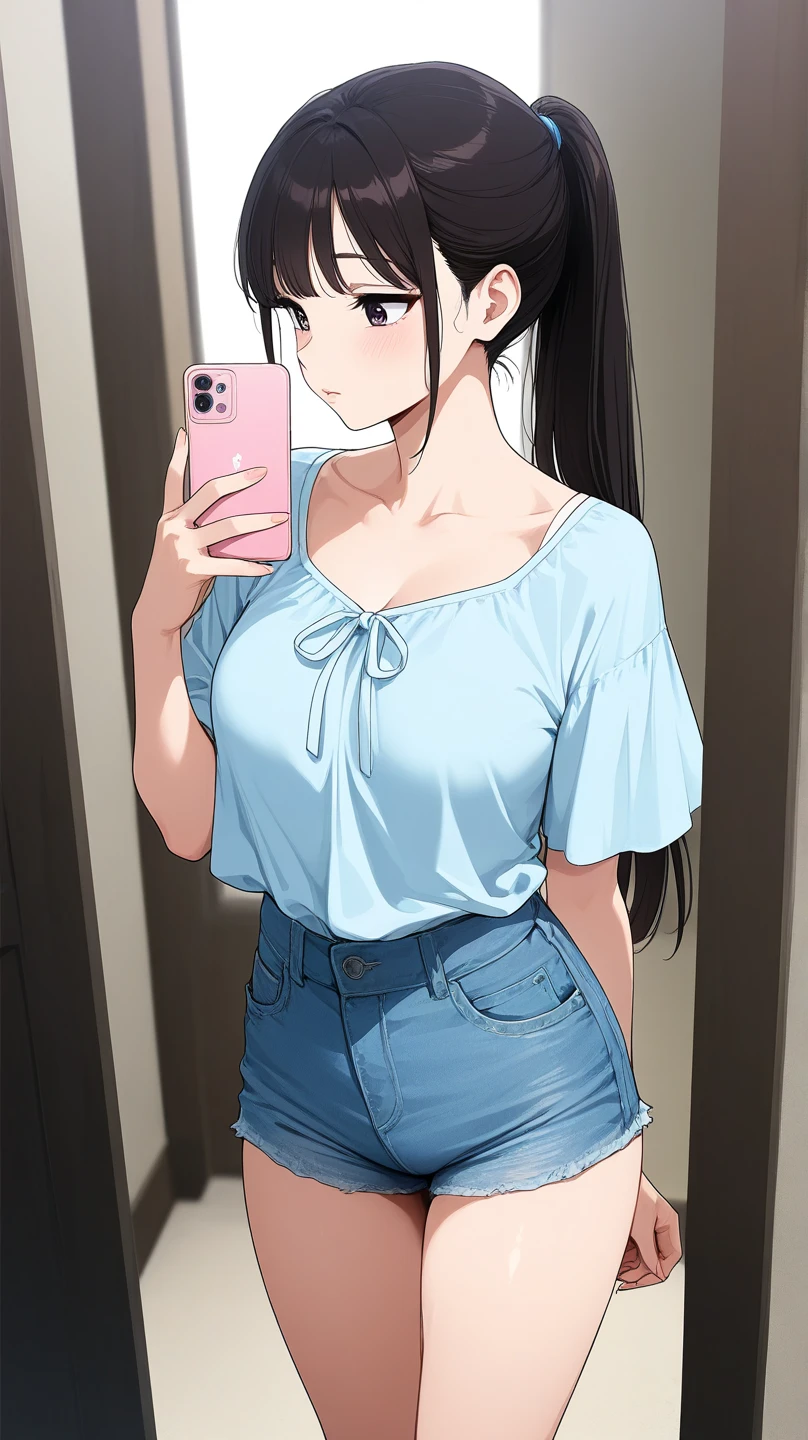 high resolution photo, Best image quality, amazing quality, official art,  masterpiece, Korean woman in her 20s,  very beautiful, Beautiful big sapphire eyes, long black straight hair, ponytail, light blue summer blouse top, Vintage blue jeans shorts,  Innocence , maturity, big , A beautiful view of the sunset, Selfie