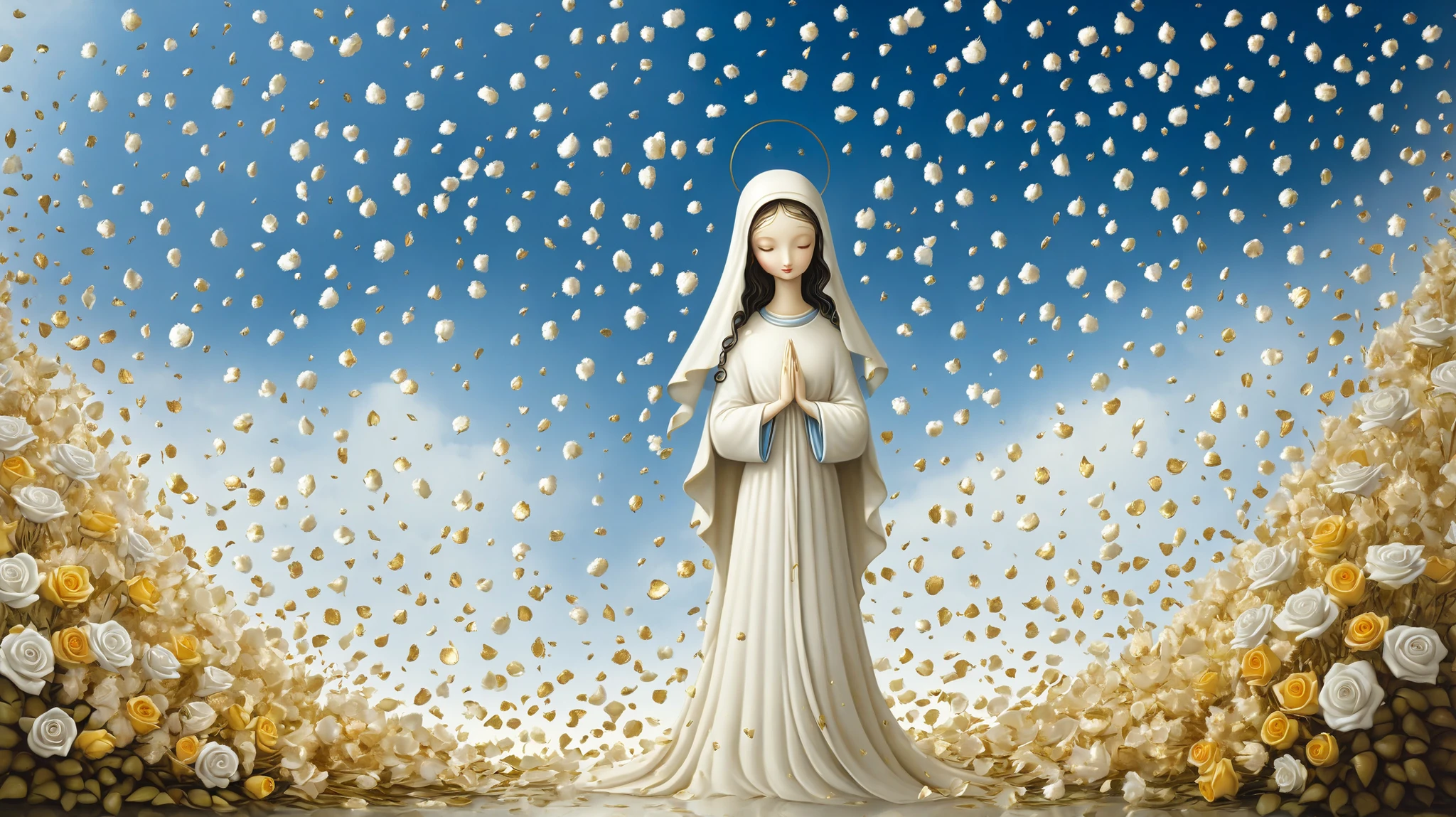 "Scraps by Nicoletta Ceccoli, Naoto Hattori, Lawrence Didier, Leonora Carrington, flowers are flying around an image of Our Lady of Fatima, flowers exploding and spreading, petals falling, rose petals flying in the wind, Virgin Mary, pastel flower petals flying, flower petals falling, by Giorgio Cavallon, petals falling, midsummer, petals falling everywhere, the most beautiful scene, with flowers, confetti, roses exploding, flowers in the foreground. A majestic image of the Virgin Mary stands proudly, crowned in gold and wrapped in a flowing mantle adorned with delicate embroidery. Her hands are joined in prayer, and she emanates a serene and holy presence. Surrounding her, an abundance of creamy white roses and lush greenery form a beautiful floral arrangement, symbolizing purity and devotion. The blue sky serves as a dramatic backdrop, contrasting with the light-colored attire of the statue. Pink and yellow rose petals float gently in the air, adding a touch of whimsy and color to the scene. The overall atmosphere is one of reverence and tranquility, capturing a moment of religious veneration."