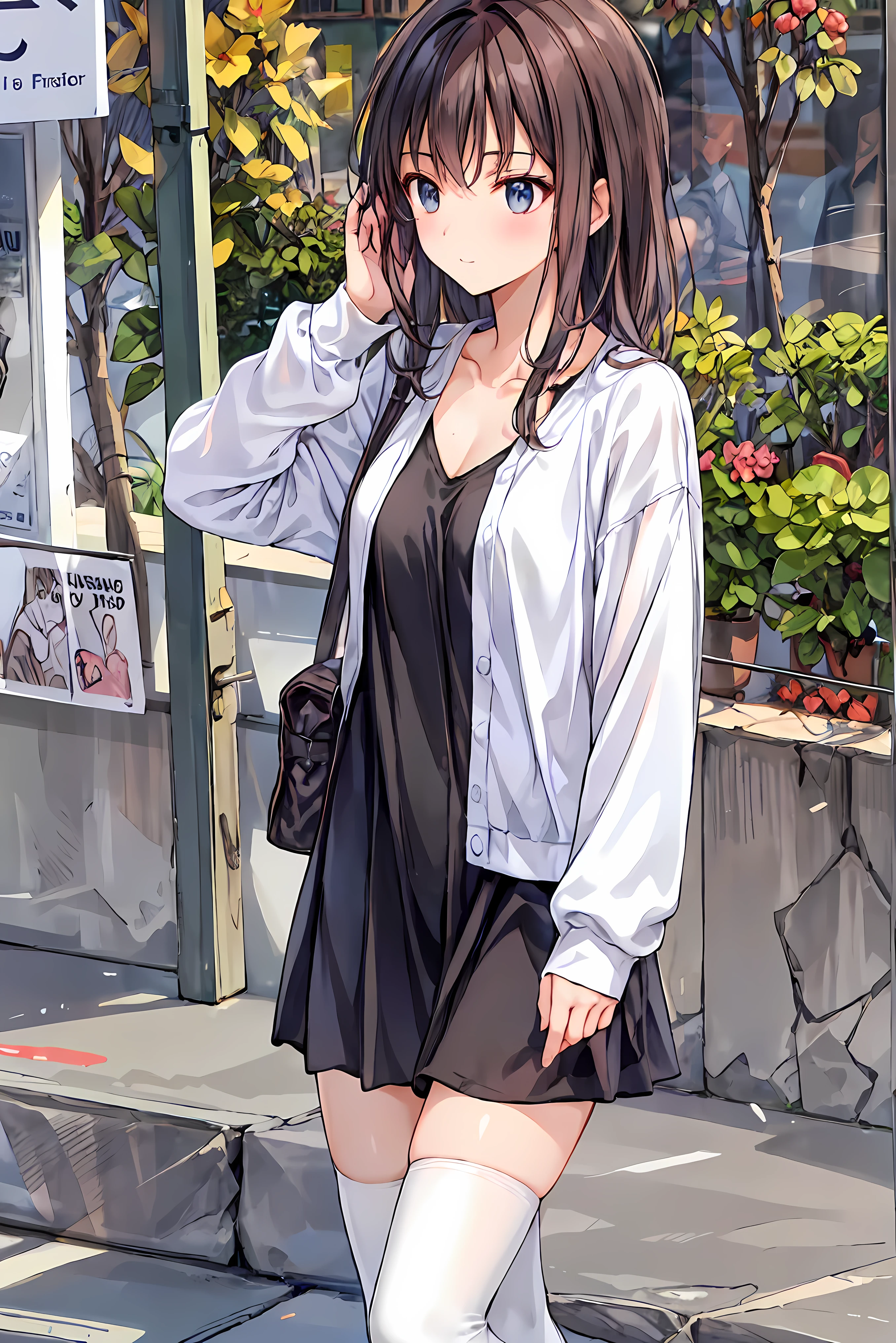 ( masterpiece), Highest Quality,  cute girl leaning on a wall,  embarrassing, , Intimate moments,  cute,   cropped shirt,  look down,  high angle, close, BREAK  she says   embarrassing,  she says  ,  Forest Setting ,  cute imgae， hair， Shortcuts ， 乱れたhair，短い編み込みのhair， Neat ，  slender and beautiful woman with C cup breasts， correct posture，small breasts， beautiful leg， has enchanting gray-blue eyes that shine like stars， droopy eyes ， Brilliant Colors, beautiful eyes on my stomach,A delicate smile,Textured Skin, Highest Quality ,  gentle beautiful woman  , anime style､
