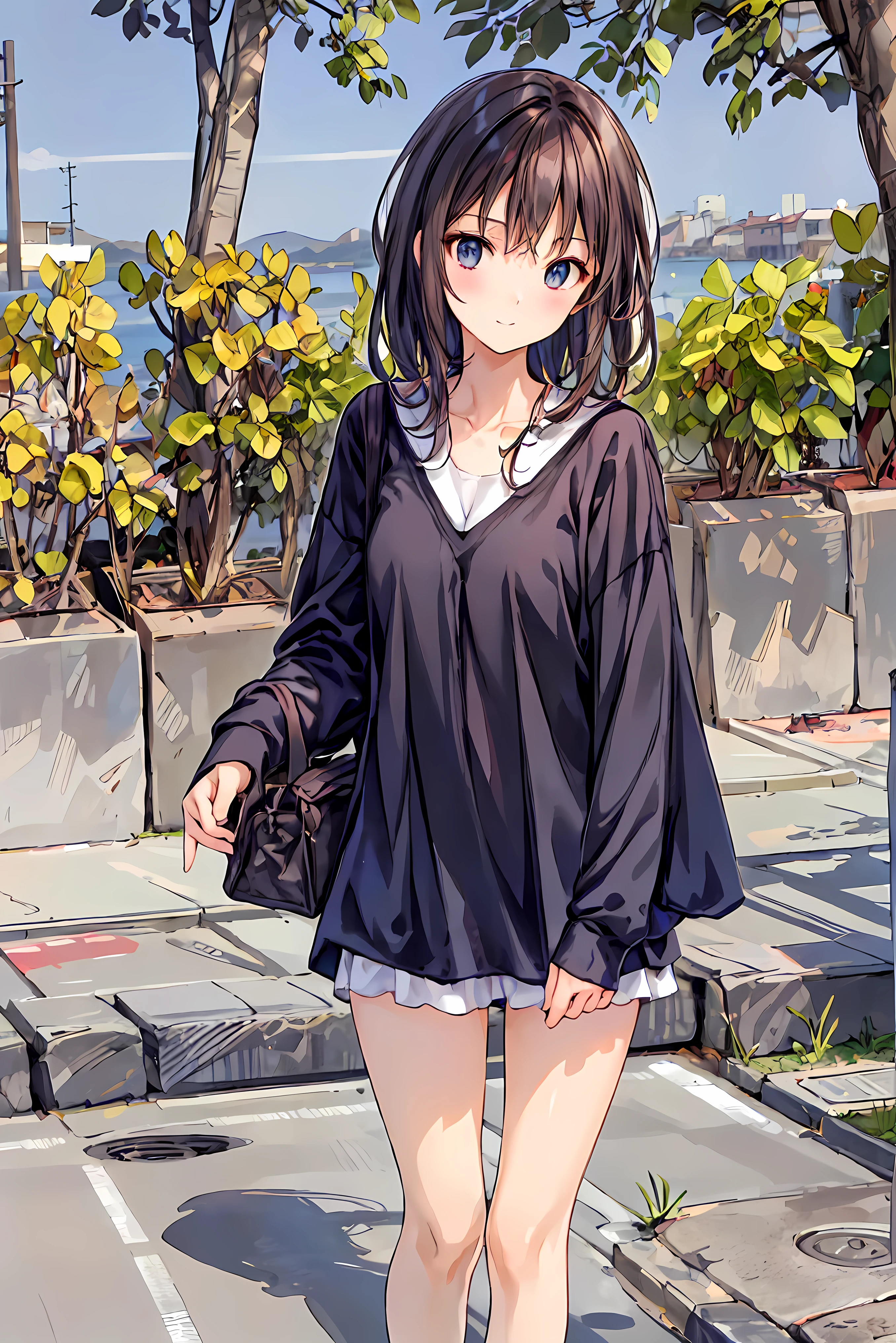 ( masterpiece), Highest Quality,  cute girl leaning on a wall,  embarrassing, , Intimate moments,  cute,   cropped shirt,  look down,  high angle, close, BREAK  she says   embarrassing,  she says  ,  Forest Setting ,  cute imgae， hair， Shortcuts ， 乱れたhair，短い編み込みのhair， Neat ，  slender and beautiful woman with C cup breasts， correct posture，small breasts， beautiful leg， has enchanting gray-blue eyes that shine like stars， droopy eyes ， Brilliant Colors, beautiful eyes on my stomach,A delicate smile,Textured Skin, Highest Quality ,  gentle beautiful woman  , anime style､
