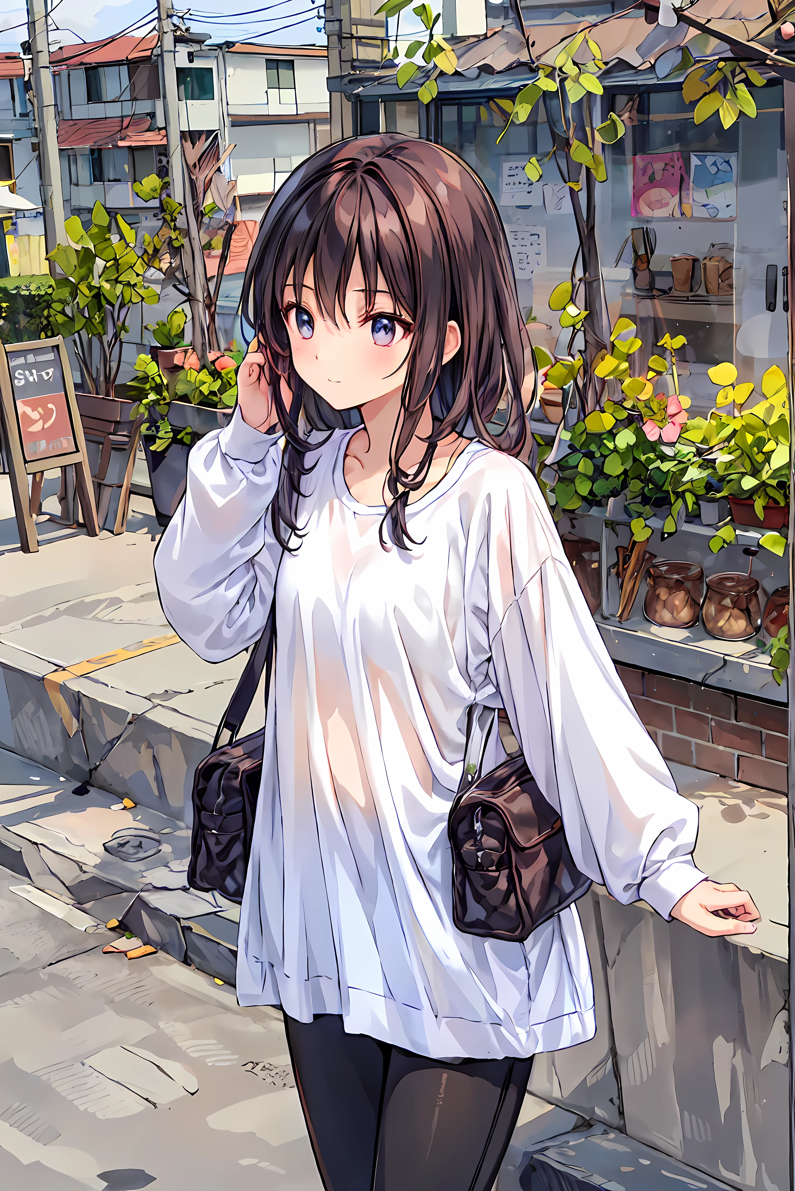 ( masterpiece), Highest Quality, cute girl leaning on a wall, embarrassing, , Intimate moments, cute, cropped shirt, look down, high angle, close, BREAK she says embarrassing, she says , Forest Setting , cute imgae, hair, Shortcuts , 乱れたhair,短い編み込みのhair, Neat , slender and beautiful woman with C cup breasts, correct posture,small breasts, beautiful leg, has enchanting gray-blue eyes that shine like stars, droopy eyes , Brilliant Colors, beautiful eyes on my stomach,A delicate smile,Textured Skin, Highest Quality , gentle beautiful woman , anime style、