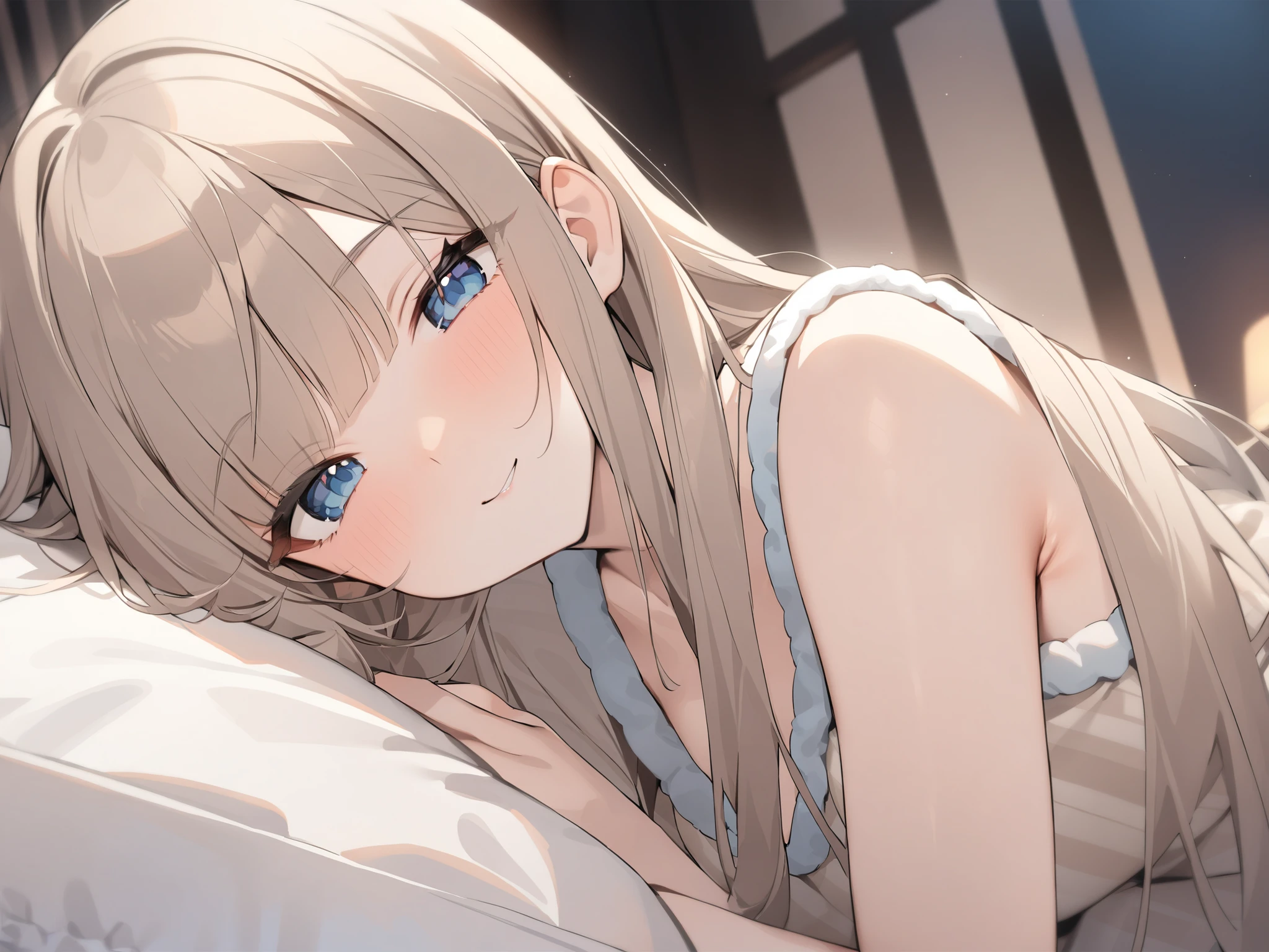 dark room、heavy blunt bangs 、chest length hair、whitish ash brown colored hair、loungewear、blue dark eyes 、:q、princess cut、masterpiece、Highest Quality、uncensored
