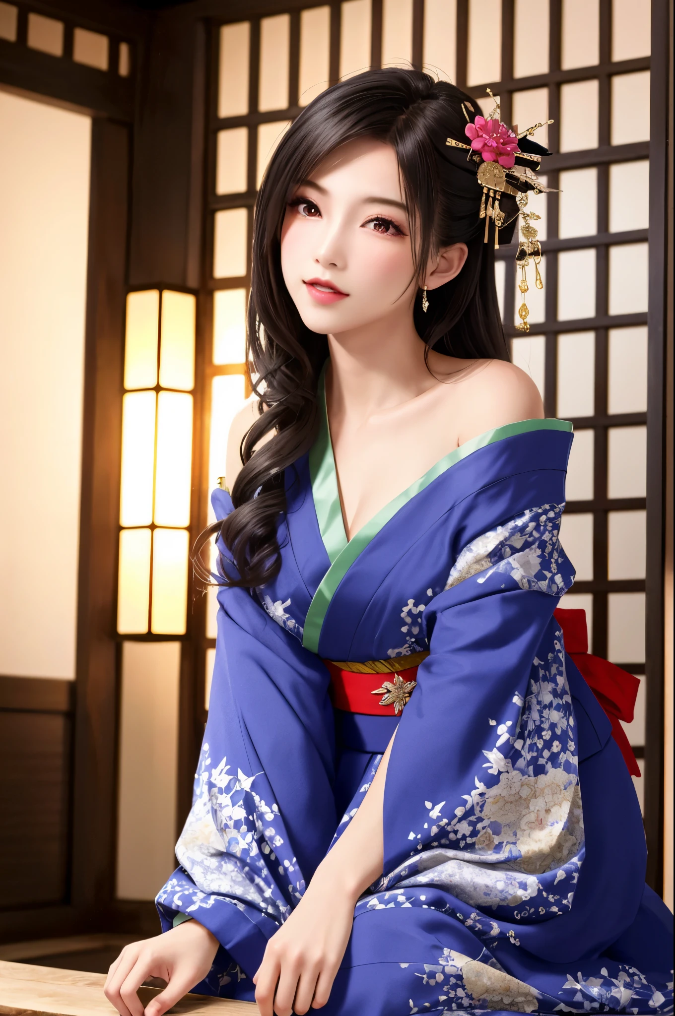 {{top quality, masterpiece}}, {Realistic: 1.3}, wallpapers, BREAK {{{FF7,Tifa_lockhart, solo}}}, ((((very luxurious and gaudy kimono, Kanzashi)))), kosode, {{off-shoulder}}, on all fours, flamboyant, brilliant, luxurious and gorgeous, Detailed eyes, Red eyes, {light brown hair, medium breasts}, {About 18age}, kawaii, {{erotic eyes, erotic mouth, erotic face}}, sexual ecstasy face:1.2, BRAKE at night:1.3, {Edo, Yoshiwara, prostitute, oiran, red light district},  {Indoor, in japanese style room}, 