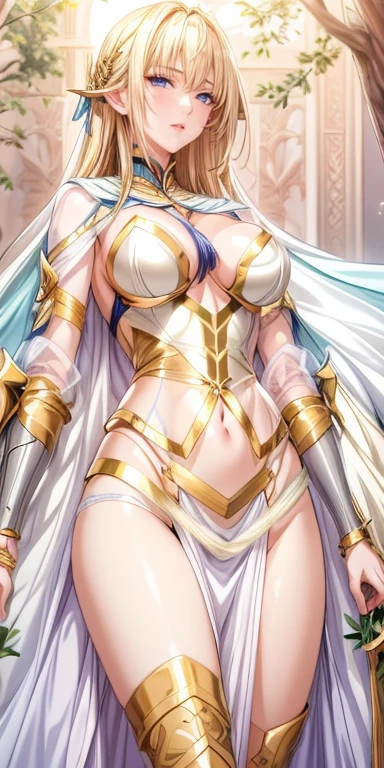 NSFW, masterpiece、highest quality、ultra high resolution、maximum resolution、very detailed、professional lighting、anime、adult woman、thin、so beautiful、beautiful face、armored dress、Pink and white armor、golden decoration、luxurious tiara、Golden earrings、Frilly Armor、pink hair、Golden Eyes、Pouch on waist、female knight、Holding a dagger in each hand、white underwear、temple,