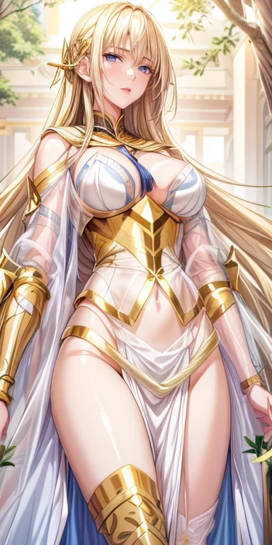 (Masterpiece), (1girl), (Cinderella Queen's Blade), (bikini armor), (blonde hair), (white thighhighs, stiletto heels, very long hair, huge breasts, highleg leotard, (((green eyes))), cleavage, flipped hair, showgirl skirt, blue shoulder armor, breastplate), (cowboy shot), smile, gleaming skin, oil skin, shiny skin, wet skin, sweat, white frill sleeves, perfect eyes, shiny eyes, deep detailed eyes, fair skin, sexy, antique chair, throne, sitting, breasts focus, castle room background,