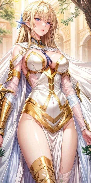 Pirotess,, (yellow eyes), white hair, silver hair, very long hair, straight hair, solo, adult woman, tall, slightly muscular, large breasted, cleavage, constricted waist, Toned body, slight abs, thin dark skin, pointy ears, lipstick, makeup, black eyeshadow,, circlet, white short dress, jewelry, bracelet, white gloves, thigh boots