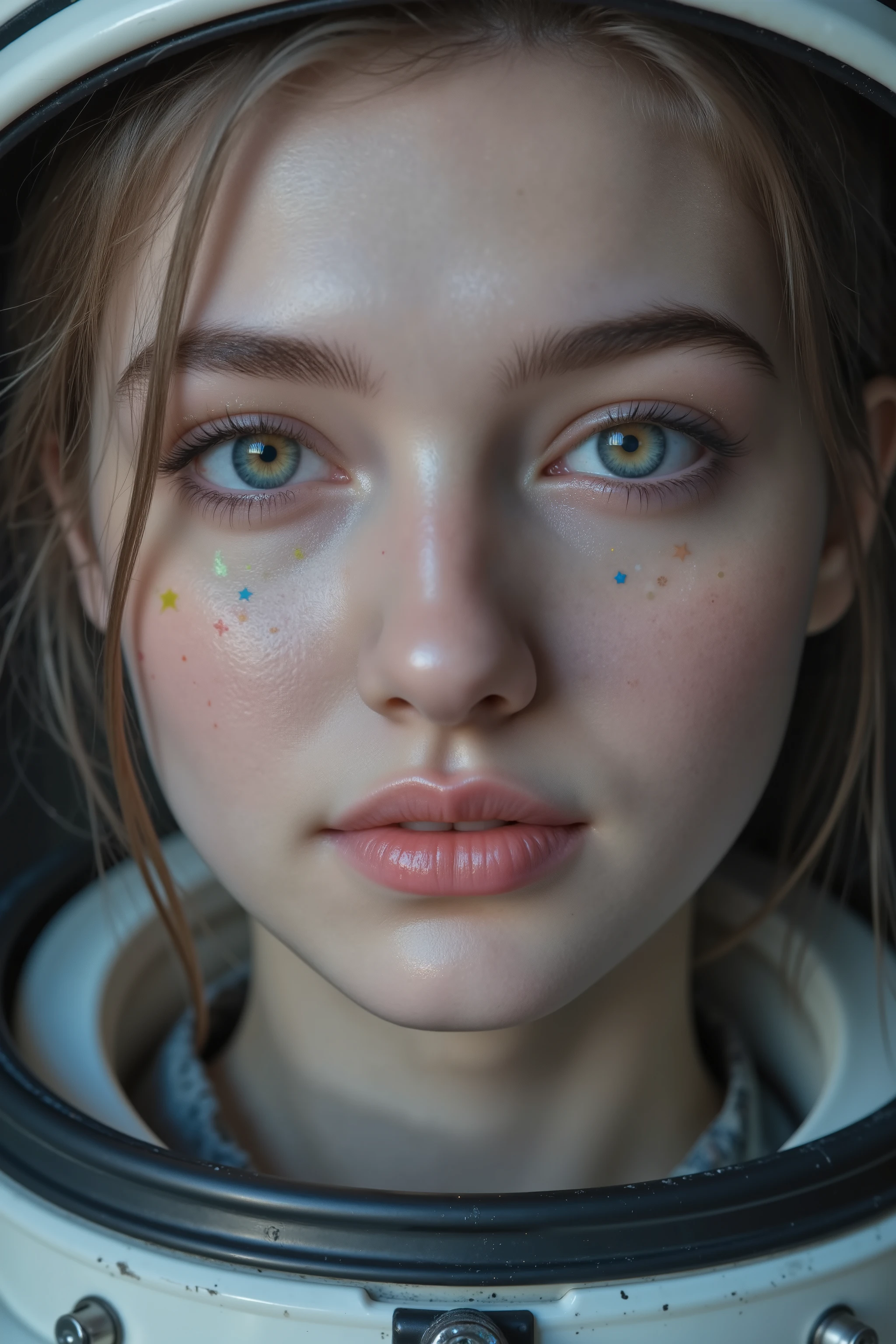 close-up of the better masterpiece:1.5)0.9], ( astronauts and astronauts:1.2) (Messy silver hair:1.1) (Different colored eyes:Yellow and blue:1.2) (Space helmet:1.0) (, colorful stars in the eyes:1.0) (Glow Light:1.1) (Thick Lips:0.9)