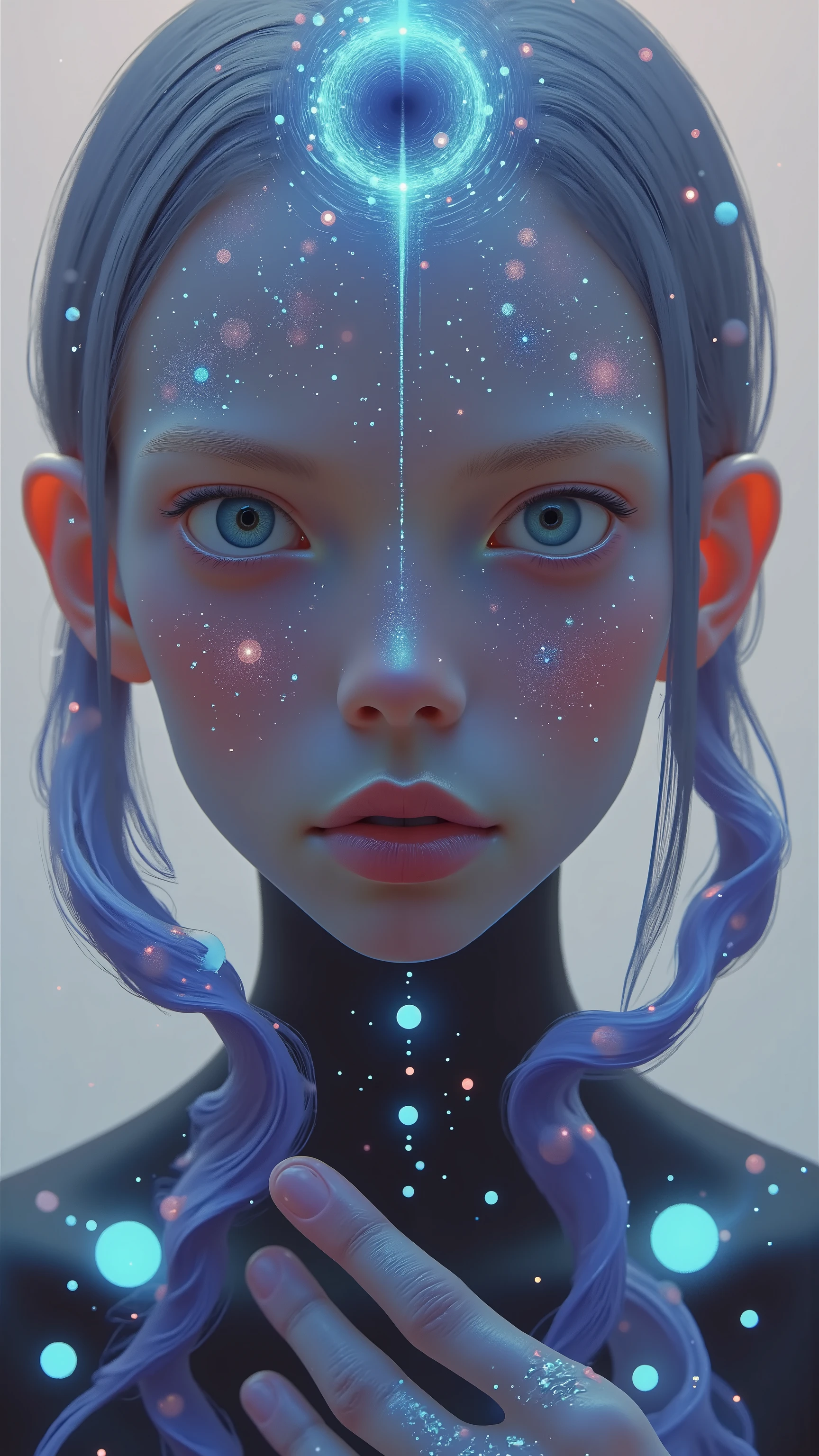 girl-type robot、憂い Emoji、(age:1.1), (Skin color:1.2), (Detailed clothing:1.2), (accessory:1.1), ( Emoji:1.2), (Physical build:1.1), (posture:1.2), Centered,facing the front, Mesh-like body、consists of transparent light and a reticular structure,metal parts (詳細なmetal parts:1.2),Glowing small particles(Detailed particle light:1.2), Calm blue-gray, Reflections on the Water、(Detailed water reflection:1.1), delicate color、Digital Art、Cyberpunk style、photoreal、Complex geometric pattern、Low saturation、Silence、fantastic、(detailed hair:1.2), (Fine hair strands:1.2), 屈むようなposture,Composition with depth,pale rays of light,Tranquil Atmosphere, 8k resolution,Net-like structure, Geometric composition,Mechanical Elements, Intricate Design,Mysterious Atmosphere, transparency, Light and shadow contrast, Digital painting style.