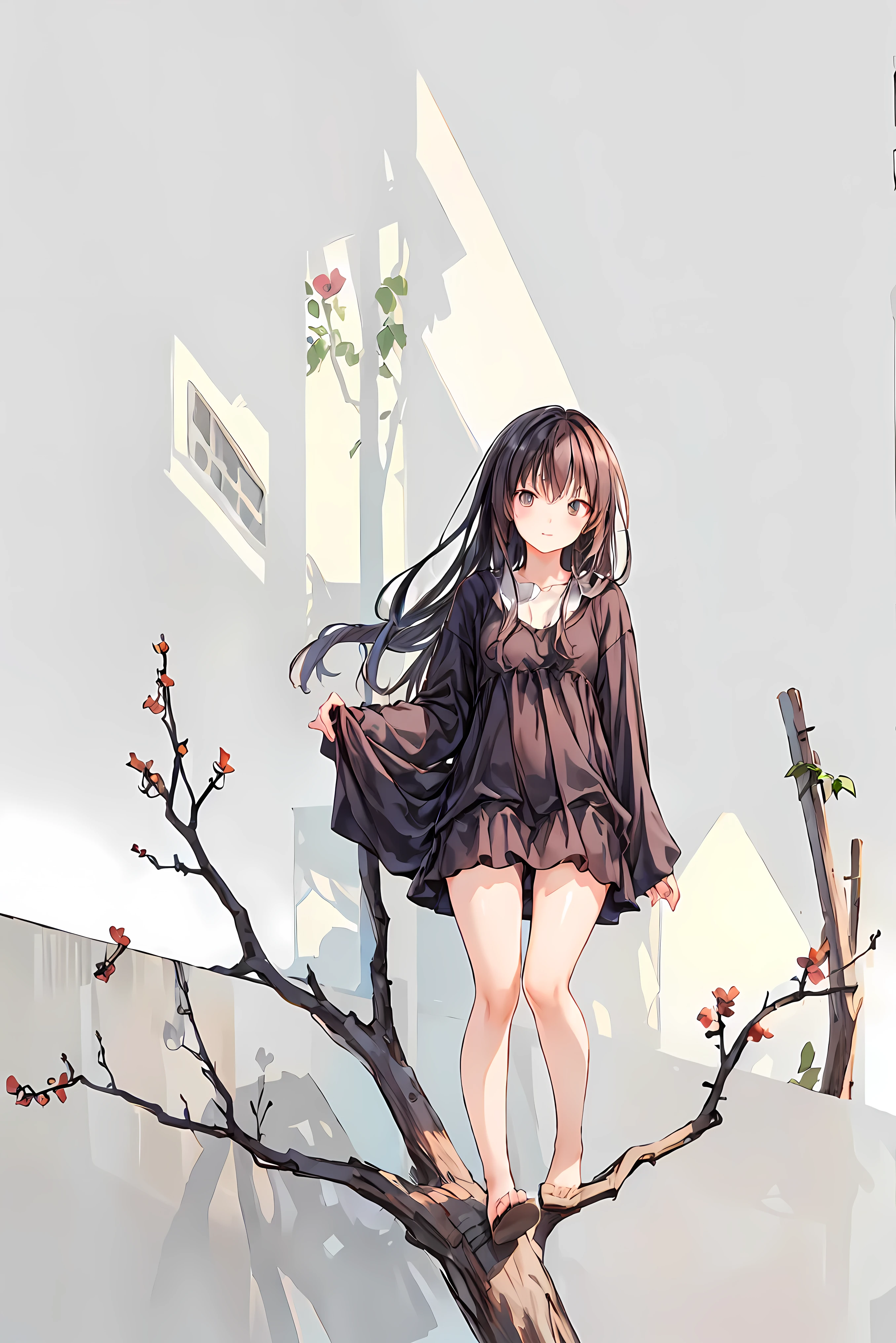 ( masterpiece), Highest Quality, cute girl leaning on a wall, embarrassing, , Intimate moments, cute, cropped shirt, look down, high angle, close, BREAK she says embarrassing, she says , Forest Setting , cute imgae, hair, Shortcuts , 乱れたhair,短い編み込みのhair, Neat , slender and beautiful woman with C cup breasts, correct posture,small breasts, beautiful leg, has enchanting gray-blue eyes that shine like stars, droopy eyes , bright colors, beautiful eyes on my stomach,A delicate smile,Textured Skin, Highest Quality , gentle beautiful woman , anime style、