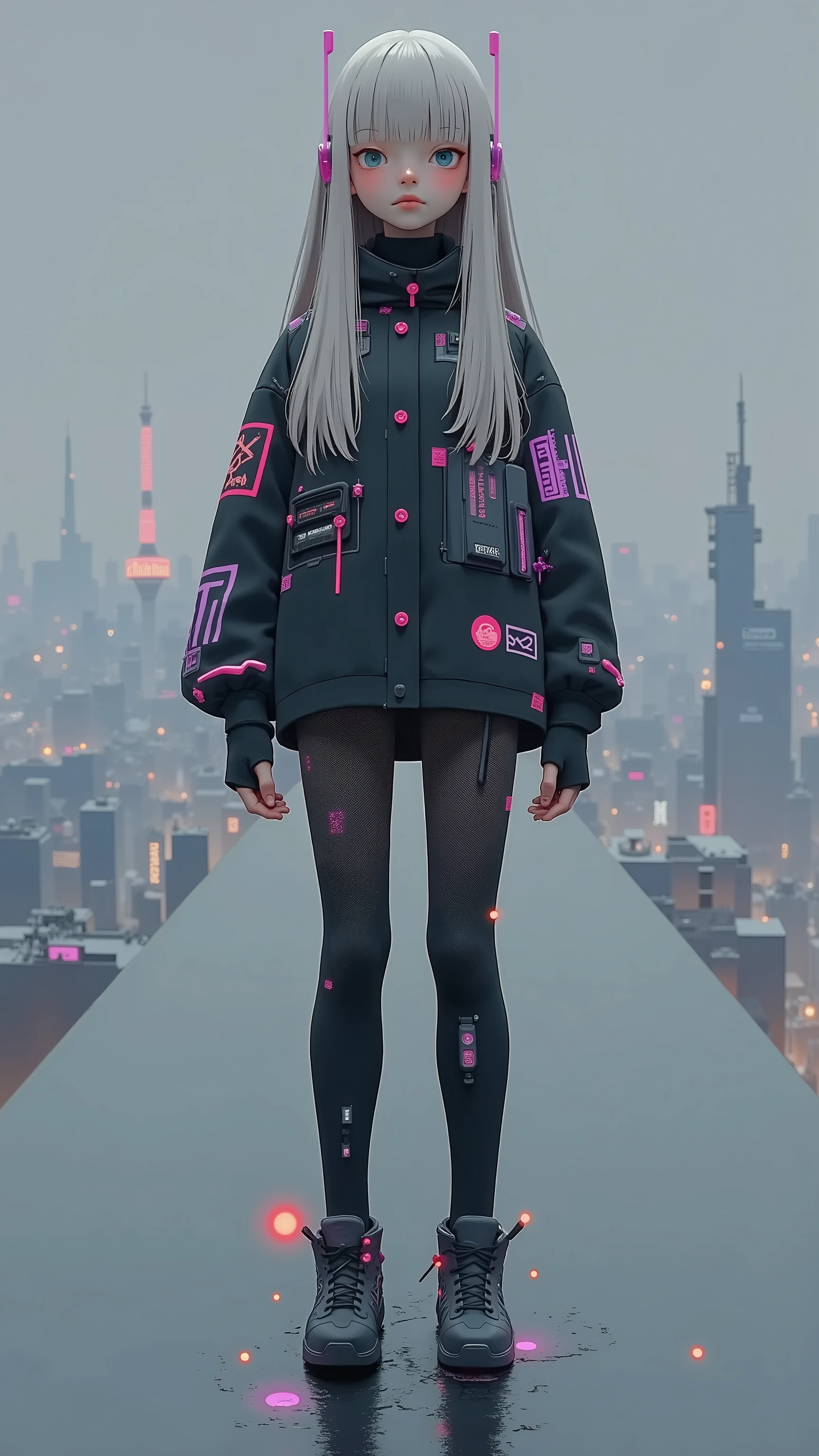 girl-type robot、憂い Emoji、(age:1.1), (Skin color:1.2), (Detailed clothing:1.2), (accessory:1.1), ( Emoji:1.2), (Physical build:1.1), (posture:1.2), Centered,facing the front, Mesh-like body、consists of transparent light and a reticular structure,metal parts (詳細なmetal parts:1.2),Glowing small particles(Detailed particle light:1.2), Calm blue-gray, Reflections on the Water、(Detailed water reflection:1.1), delicate color、Digital Art、Cyberpunk style、photoreal、Complex geometric pattern、Low saturation、Silence、fantastic、(detailed hair:1.2), (Fine hair strands:1.2), 屈むようなposture,Composition with depth,pale rays of light,Tranquil Atmosphere, 8k resolution,Net-like structure, Geometric composition,Mechanical Elements, Intricate Design,Mysterious Atmosphere,  transparency,  Light and shadow contrast, Digital painting style.