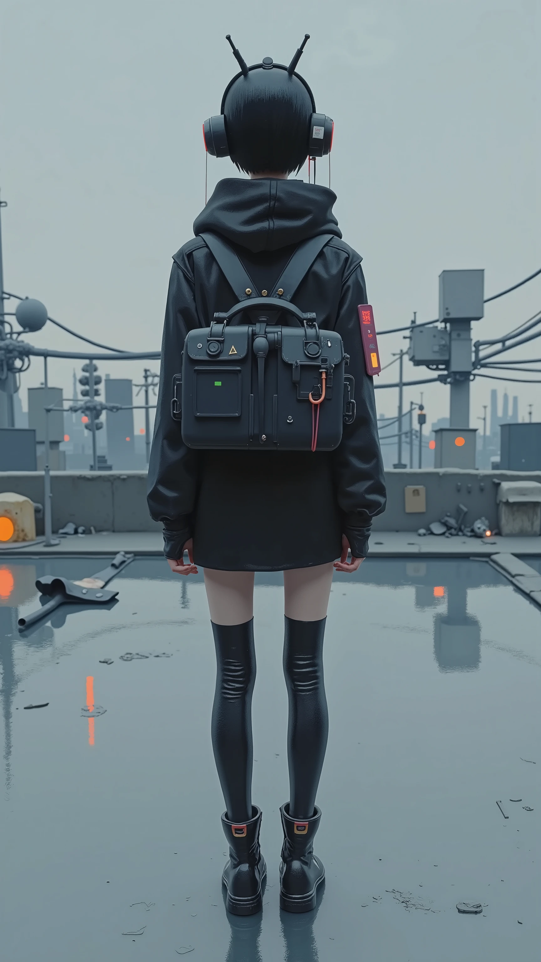 girl-type robot、憂い Emoji、(age:1.1), (Skin color:1.2), (Detailed clothing:1.2), (accessory:1.1), ( Emoji:1.2), (Physical build:1.1), (posture:1.2), Centered,facing the front, Mesh-like body、consists of transparent light and a reticular structure,metal parts (詳細なmetal parts:1.2),Glowing small particles(Detailed particle light:1.2), Calm blue-gray, Reflections on the Water、(Detailed water reflection:1.1), delicate color、Digital Art、Cyberpunk style、photoreal、Complex geometric pattern、Low saturation、Silence、fantastic、(detailed hair:1.2), (Fine hair strands:1.2), 屈むようなposture,Composition with depth,pale rays of light,Tranquil Atmosphere, 8k resolution,Net-like structure, Geometric composition,Mechanical Elements, Intricate Design,Mysterious Atmosphere, transparency, Light and shadow contrast, Digital painting style.
