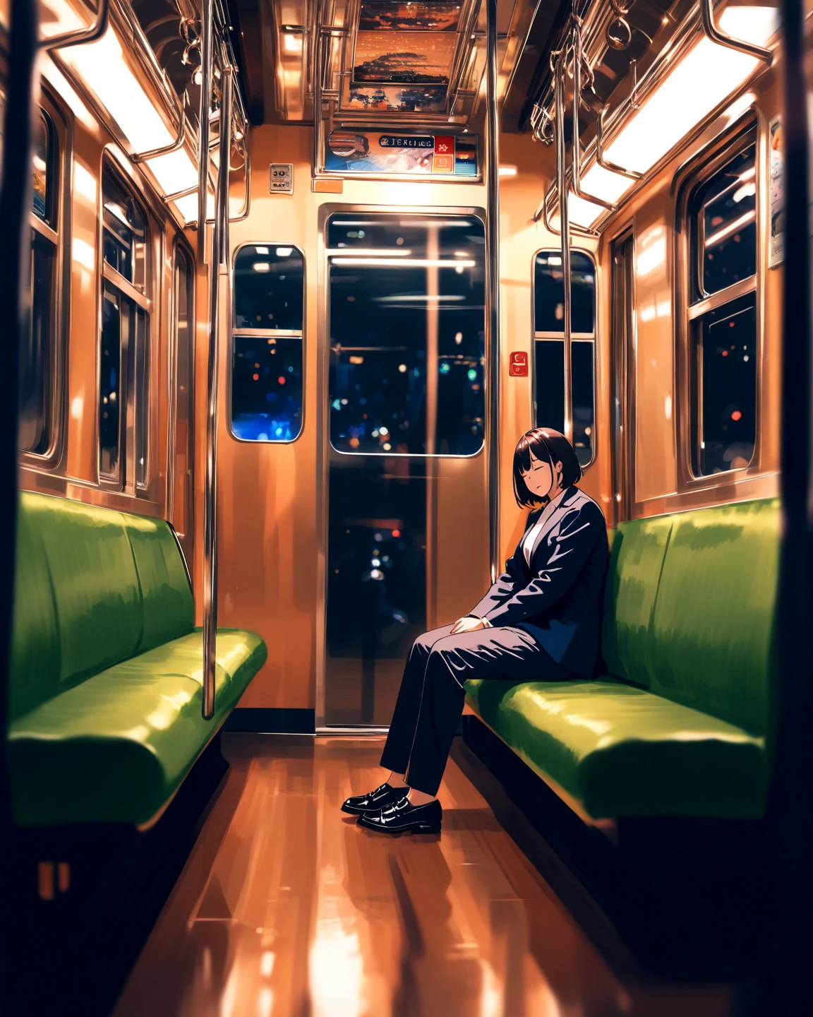 masterpiece, best quality, very aesthetic, absurdres, 2024,
smartphone photography, iPhone photography, spur of the moment, everyday life, real situation, spontaneous shot, candid photo, sneak photo,
anime screencap,
1girl, 23 years old, exhausted female,
short hair, business suit, dark blue suit,
sleeping pose, leaning on stranger, resting head on man's shoulder, sleeping peacefully,
tired expression, peaceful sleeping face, natural sleep posture,
1boy, bewildered expression, confused male, awkward situation, frozen in place, not knowing what to do,
inside train, night train, public transportation, train seats, evening commute,
train interior lighting, artificial light, warm lighting, fluorescent lighting effect,
window reflection, night outside,
train car background, fabric seats, handrails,
natural smartphone camera angle, slightly from below, casual angle, insider's perspective,
night mode photography, low light photography, iPhone camera style, natural blur,
soft contrast, natural HDR, realistic colors, natural saturation,
tired after work, end of workday, commuter train scene,
human drama, touching moment, empathy, relatable situation,
unposed, unstaged, life as it happens, genuine moment,
depth of field, background blur,
photojournalistic style, slice of life,
BREAK modern Japan, train commute culture,
urban life, Tokyo train, everyday people,
street photography aesthetic, observational photography