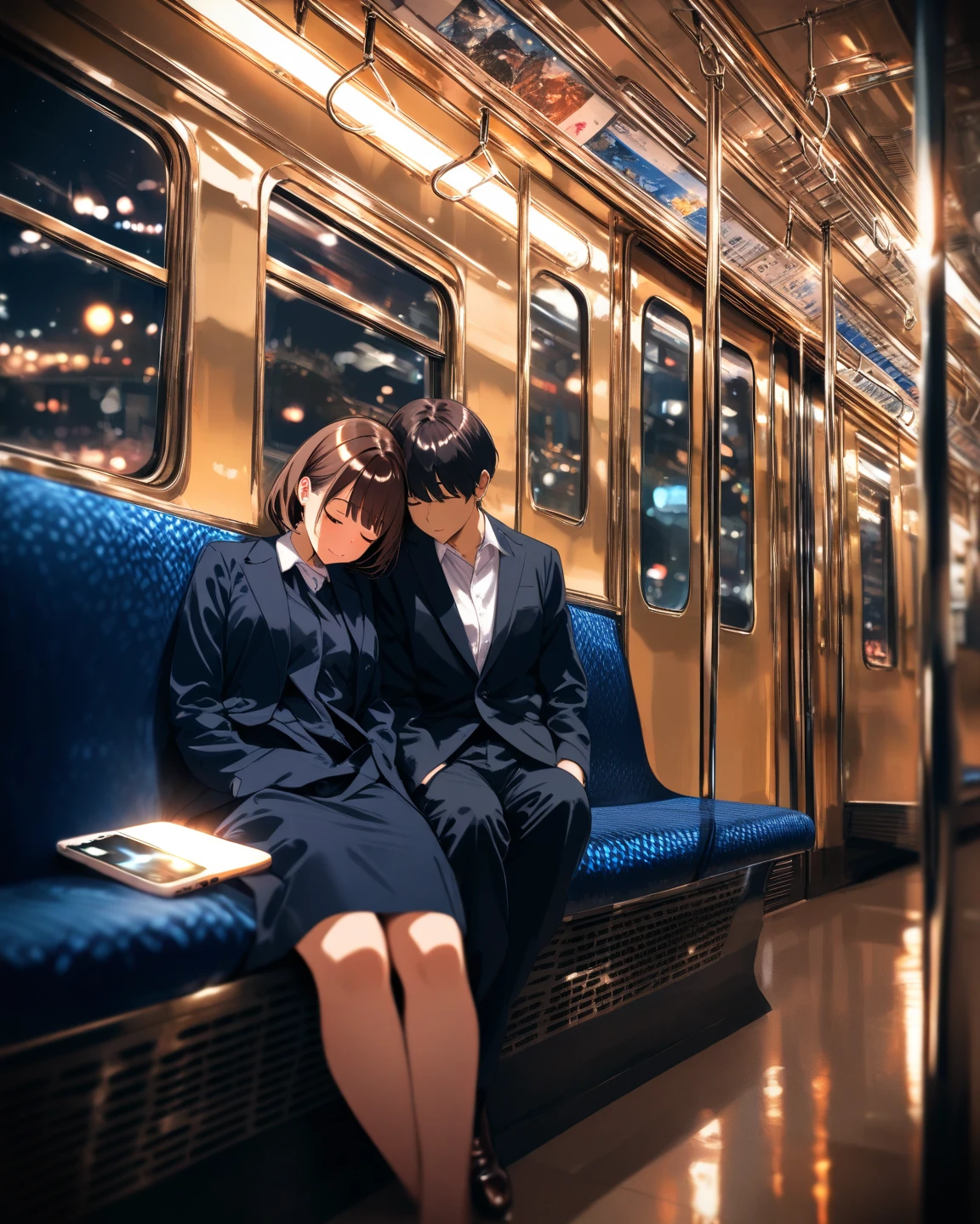 masterpiece, best quality, very aesthetic, absurdres, 2024,
smartphone photography, iPhone photography, spur of the moment, everyday life, real situation, spontaneous shot, candid photo, sneak photo,
anime screencap,
1girl, 23 years old, exhausted female,
short hair, business suit, dark blue suit,
sleeping pose, leaning on stranger, resting head on man's shoulder, sleeping peacefully,
tired expression, peaceful sleeping face, natural sleep posture,
1boy, bewildered expression, confused male, awkward situation, frozen in place, not knowing what to do,
inside train, night train, public transportation, train seats, evening commute,
train interior lighting, artificial light, warm lighting, fluorescent lighting effect,
window reflection, night outside,
train car background, fabric seats, handrails,
natural smartphone camera angle, slightly from below, casual angle, insider's perspective,
night mode photography, low light photography, iPhone camera style, natural blur,
soft contrast, natural HDR, realistic colors, natural saturation,
tired after work, end of workday, commuter train scene,
human drama, touching moment, empathy, relatable situation,
unposed, unstaged, life as it happens, genuine moment,
depth of field, background blur,
photojournalistic style, slice of life,
BREAK modern Japan, train commute culture,
urban life, Tokyo train, everyday people,
street photography aesthetic, observational photography
