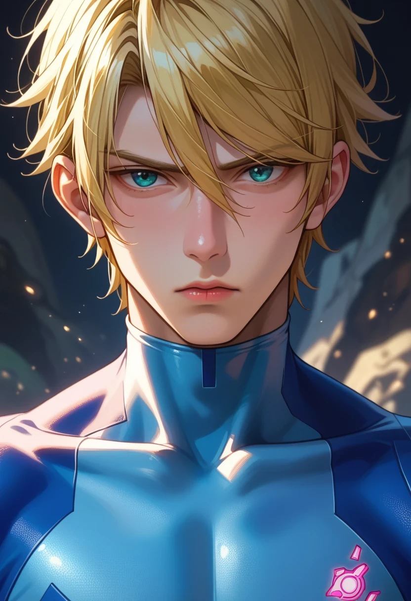 score 9 、score 8 up、score 7 up、1boy、solo、(male:1.5)、male focus、male body、defSamus、blonde hair、short hair、body suit、zero suit、blue body suit、blue clothes、blue pantynose、long sleeves、blue gloves、standing、頭を横向きにする、lookin at viewer、腕組み、叩く、悲しい、juicy lips、cave entrance、