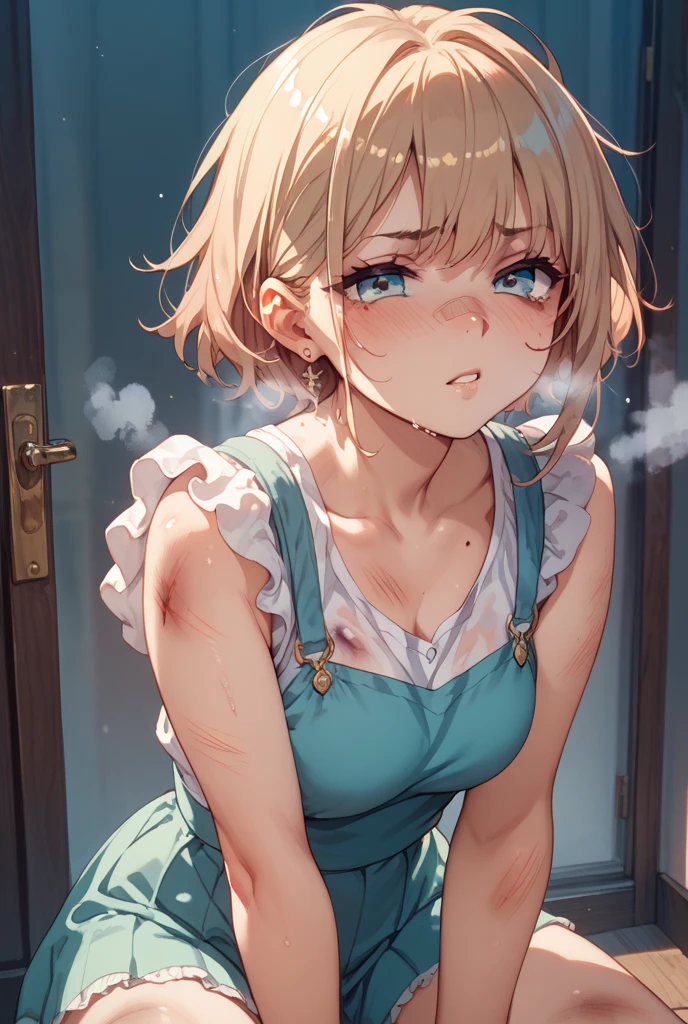 (Best quality, 8k, 32k, Masterpiece, UHD,:1.2),RAW, 1girl,ultra cute , natural lighting,transparent shining eyes, 20yo ,fair complexion, long hair, french braid, flushed face,femur, face Closeup, blonde short hair, (ecstasy:1.3) ,(slut:1.2), (vulgarity:1.3), (fucked silly:1.1),(steam:0.8),(wet:0.8),(trembling:1.3)),(tears:0.7) ,(drooling:0.6),sweat, embarrassed, blush, closed eye, open mouth, naked, orgasm,