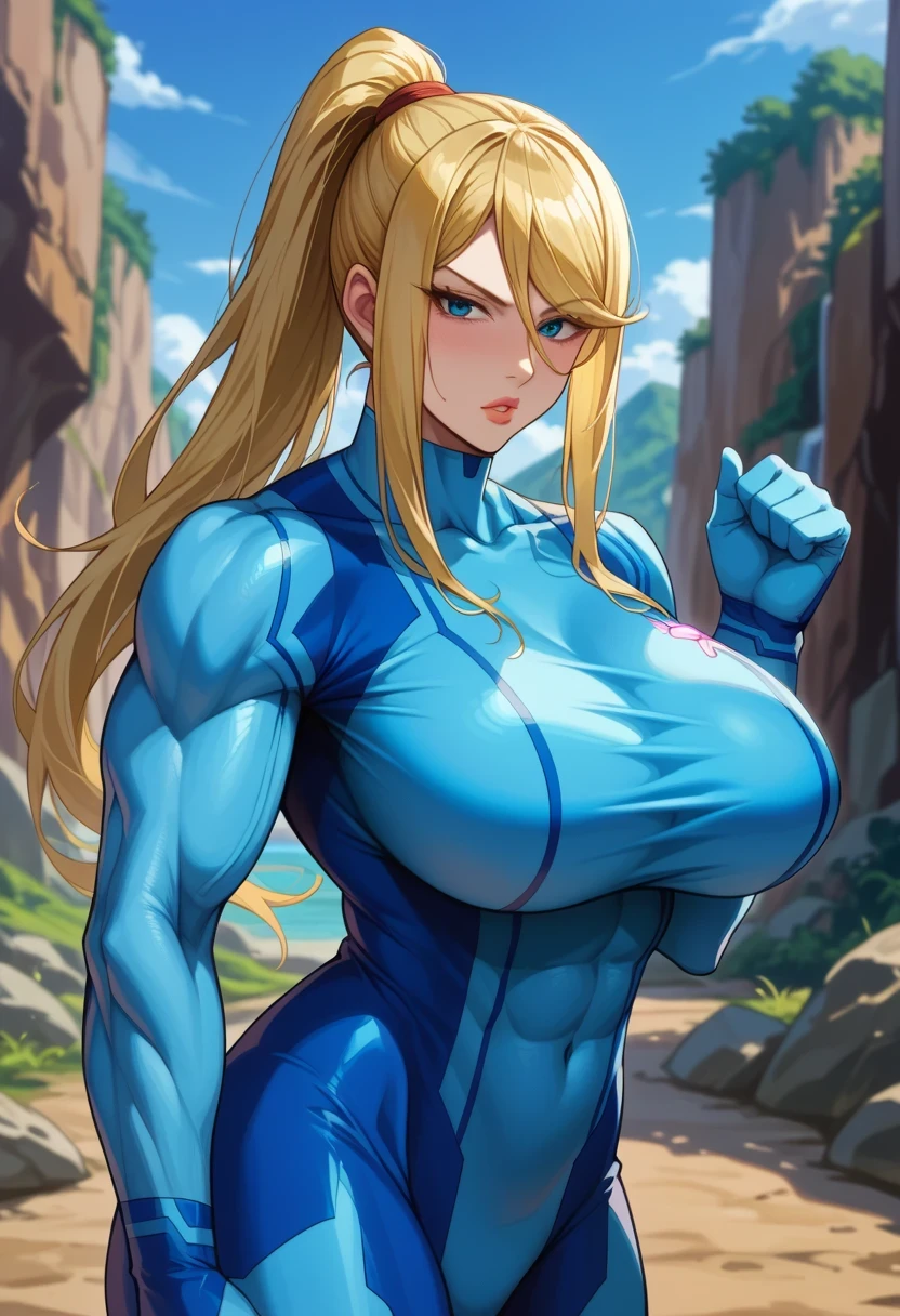 score 9 、score 8 up、score 7 up、1girl、solo、defSamus、blonde hair、ponytail hair、strong muscles、body suit、zero suit、blue body suit、blue clothes、huge breasts、muscular and strong、very large breasts、blue pantynose、longs leeves、blue gloves、standing、頭を横向きにする、chunky muscles、looking at viewer、腕組み、叩く、悲しい、juicy lips、cave entrance、muscular woman、