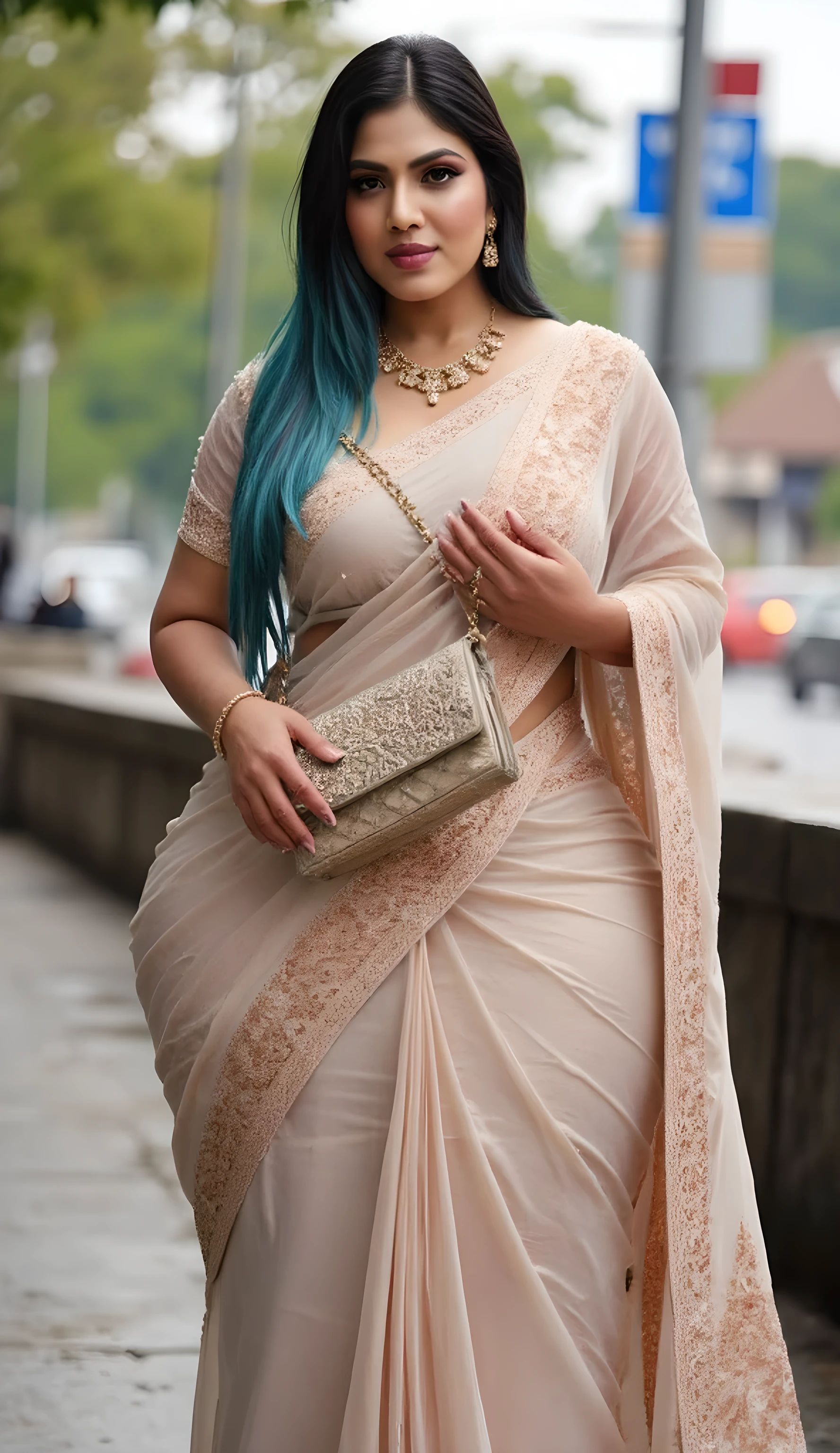 Indian Modern Girl, (Full body:1.9). (seductive posing for an Instagram post), ((Standing back facing in seductive pose)), (wet skin wet hair water droplets), (Sky Blue Hair Color, Stylish purse), Indian Traditional Saree Glitter Shiny. (waist to hip ratio 0.40), ((Seductive Face)), ((Bulky Milky White Cellulite skin)). Big Fat Lips, nose ring, thick fat hands, earrings, necklace, Sharp Jawline. (Women has Red Big Bindi on forehead). (Detailed Grey Iris Eyes). (Cherry Red Matte lipstick). (Indian Jewelry. Red Blush on Chicks, Dark Eyeliner Wing, Dark Kajal Mascara). ((women has sky blue color hair)) (Mangalsutra necklace). ((Women has very slim upper body, fatty waist, her hips are 70inch extremely wide)). (Fat Cellulite Wide Large Knees). Thick fat hands. Her hips are extremely wide. Thunder fat thighs. High Heels Footwear. Black High Heels. Rain Water clogged on street. Textured skin. Detailed skin. (background HD Landscape Canada Mountains) hd, dslr, detailed, realistic, photorealistic. Ultra Detailed Image. staring right into camera. Her hair is tousled and blown by the wind.