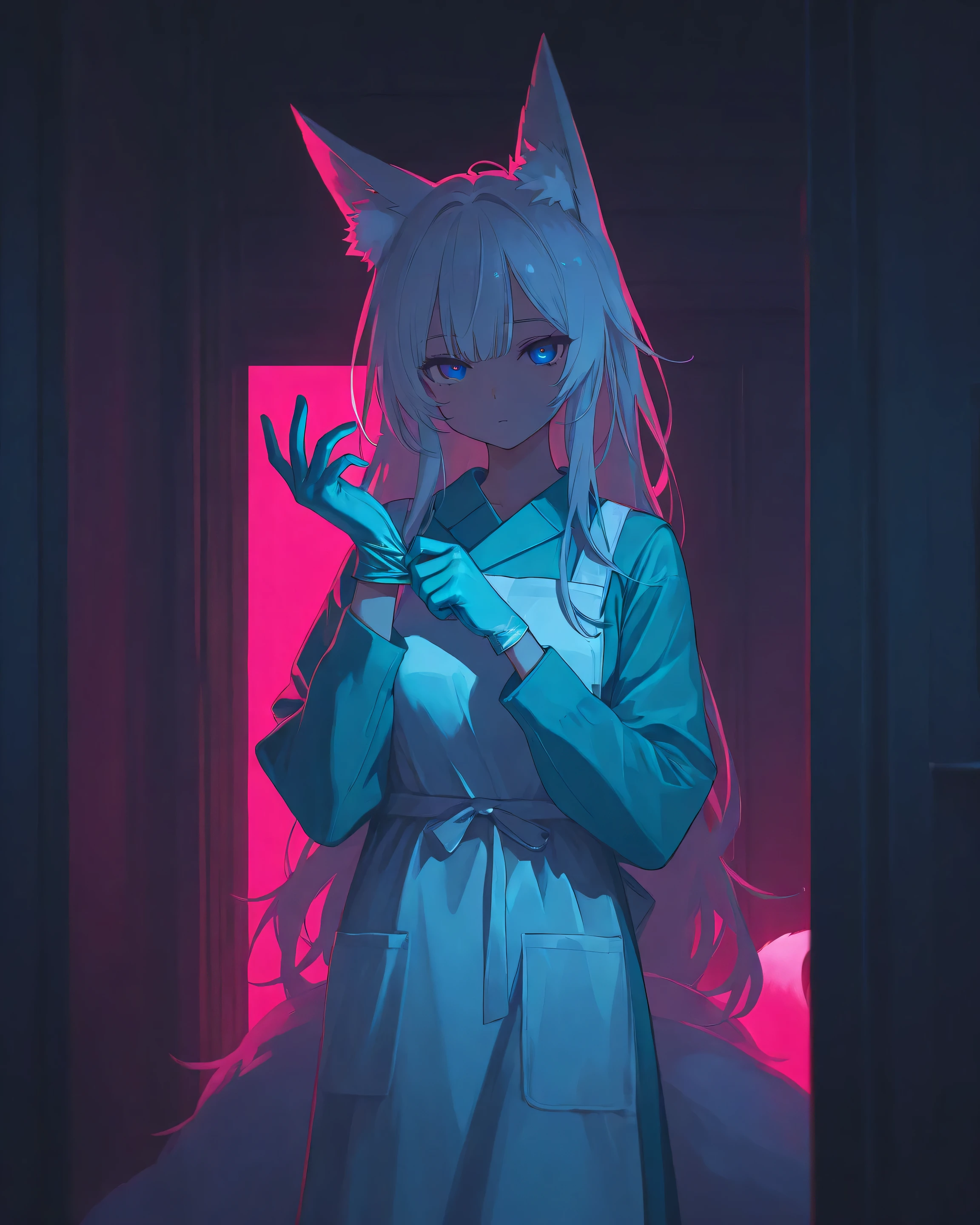  operation room, 1 girl, shinano, azur lane, blue surgical gown, long sleeves, white medical rubber apron, blue surgical gloves, adjusting gloves, solo, locking at viewer, alternate costume, white hair, blue eyes, fox ears, fox tail, multiple tail, kitsune, lelst0_illu, bloom, high contrast, colorful, cinematic lighting, tone mapping, high saturation, color grading, bloom, masterpiece, best quality, long hair, (glow),blue eyes, glowing, light background, light atmosphere, watercolor, pastel, dark theme, pink theme, ambient occlusion, indoors, , winter,