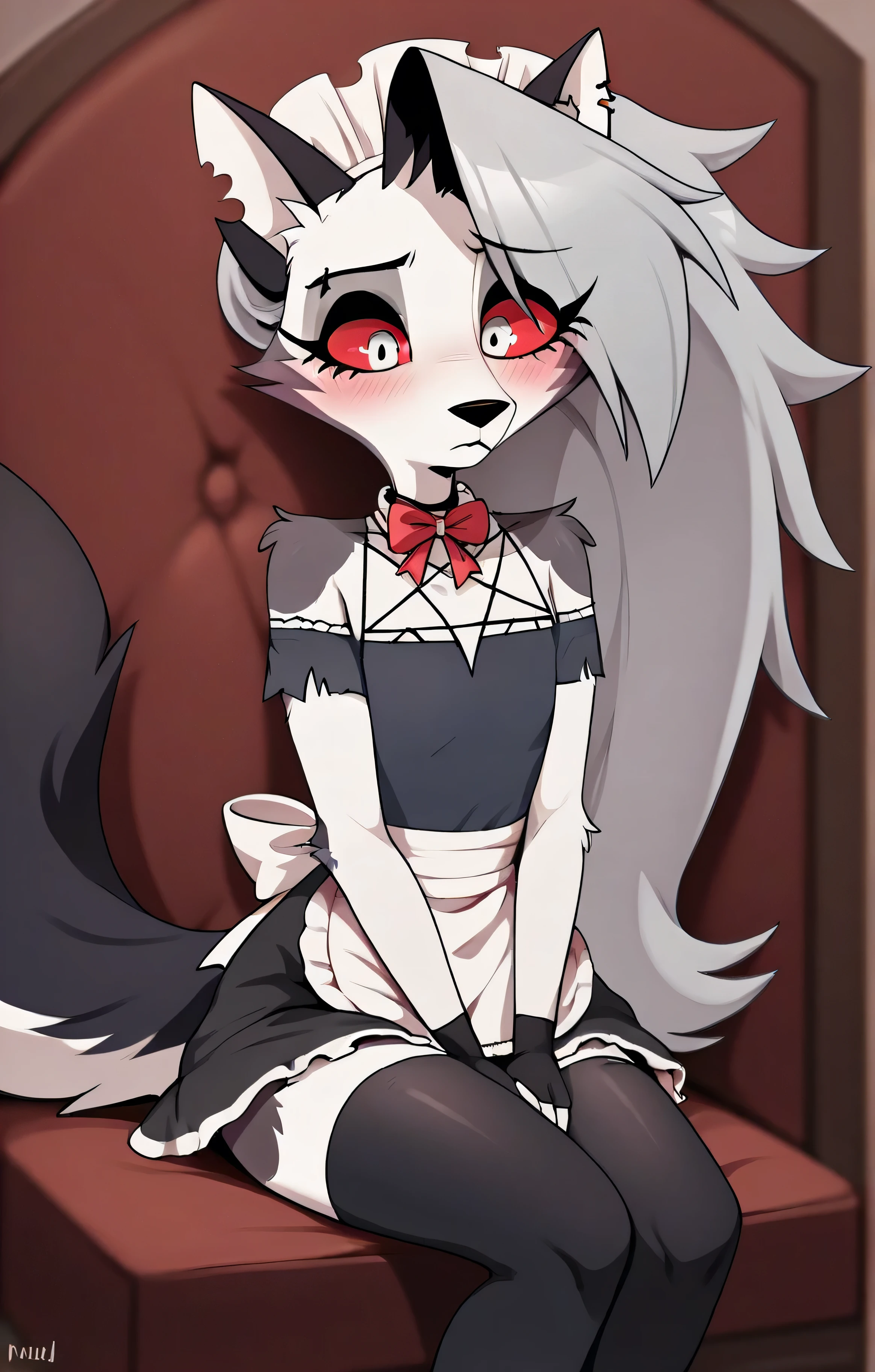 score_9, score_8_up, BREAK, source_anime, (1girl, solo), uncensored, {anthro wolf; (feminine figure), (white body fur), (cute red eyes), perfect body, slim, thigh highs, fingerless gloves, anthro, furry, (Maid Outfit, sitting:1.2), Loona \(Helluva Boss\),
