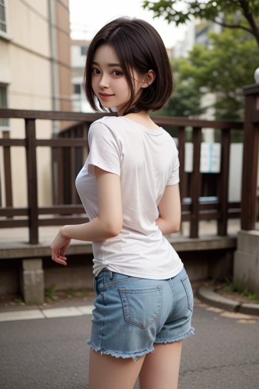 High resolution, Highest quality, super high quality, Very detailed, 8k、Embarrassing、Sweaty、Sweat、Embarrassing、(masterpiece:1.2, Highest quality), (Realistic, photoRealistic:1.4), Beautiful illustrations, (Natural Side Lighting, Cinema Lighting), View your viewers, whole body, 1 girl, Japanese, high school girl, Perfect Face, Cute and symmetrical face, Glowing Skin, Baby Face, (,Black Hair)black eye, Big eyes, Droopy eyes, (Center of chest, Captivating thighs, Big Ass)
