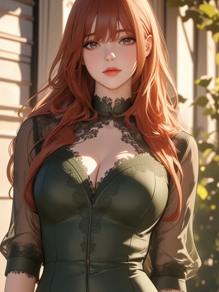 Anime - style image of a more mature woman with green eyes, mischievous look in a corset sitting on a bed, detailed leather corset, pushing breast up, squeezing breasts, breasts well visible, almost uncovered, well uncovered, large and voluminous, red hair with braids over the breasts, braids fallen over the sweaty voluminous breasts (hot day), Steady face and staring seductive look, mouth half open, light light coming in through the window, shadow and contrast, beautiful seductive, lascivious anime woman (POV), +1 8