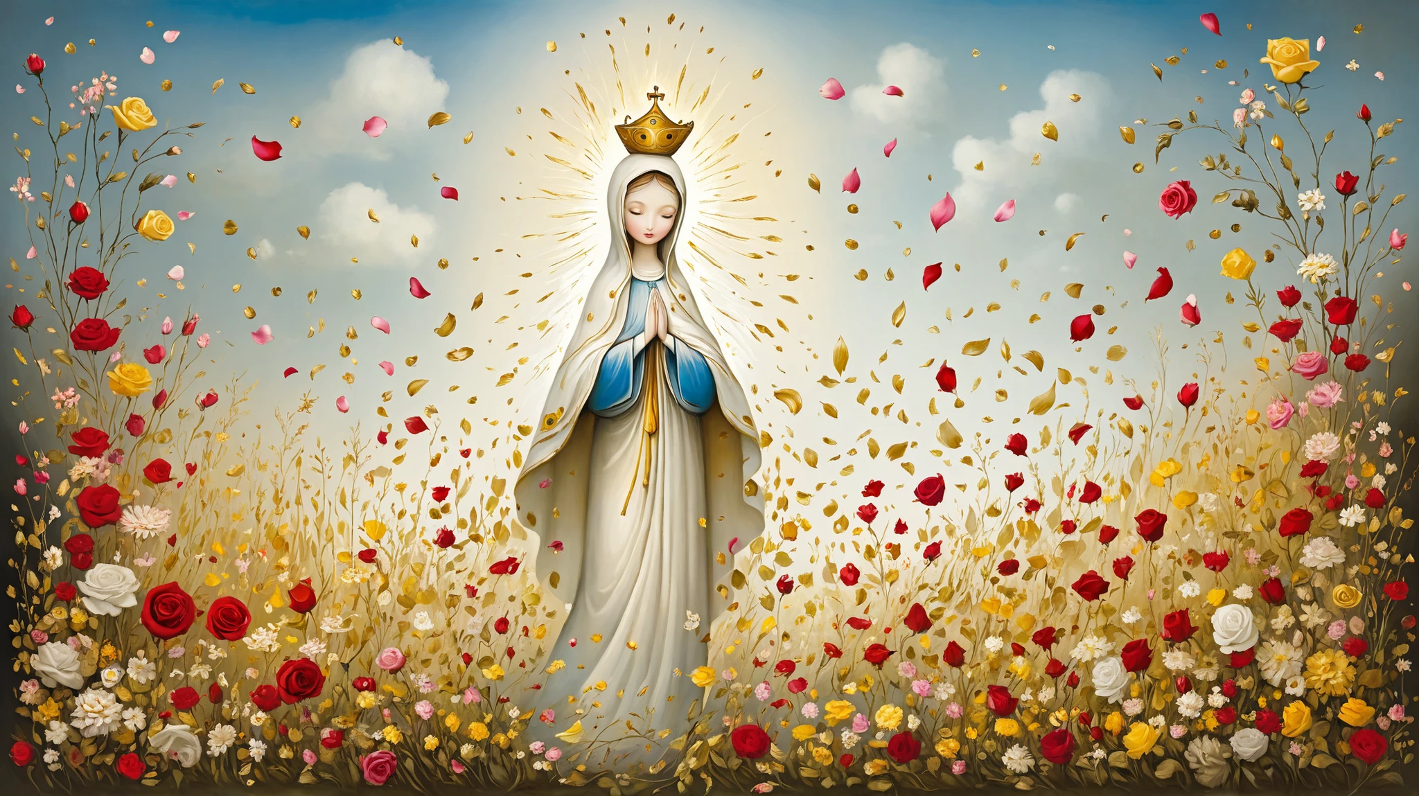 Patchwork by Nicoletta Ceccoli, Naoto Hattori, Lawrence Didier, Leonora Carrington, flowers are flying around an image of Our Lady of Fatima, flowers exploding and spreading, petals falling, rose petals flying in the wind, Virgin Mary, pastel flower petals flying, flower petals falling, by Giorgio Cavallon, petals falling, midsummer, petals falling everywhere, the most beautiful scene, with flowers, confetti, roses exploding, flowers in the foreground. A majestic image of the Virgin Mary stands proudly, crowned in gold and wrapped in a flowing mantle adorned with delicate embroidery. Her hands are joined in prayer, and she emanates a serene and holy presence. Surrounding her, an abundance of white, yellow and red roses and lush greenery form a beautiful floral arrangement, symbolizing purity and devotion. The blue sky serves as a dramatic backdrop, contrasting with the light-colored attire of the statue. Pink and yellow rose petals float gently in the air, adding a touch of whimsy and color to the scene. The overall atmosphere is one of reverence and tranquility, capturing a moment of religious veneration.