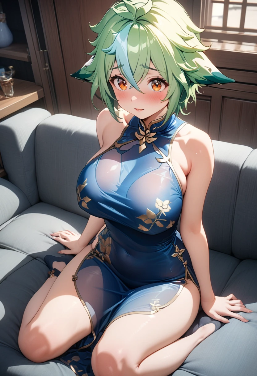 (masterpiece), (highest quality), (Super detailed), official art,Rem,Re:zero,one girl, blue hair,short hair , big breasts,Big, Green, gold and silver see-through dress, No sleeve, off shoulder, cleavage, thigh focus, Navel exposed, Bare skin of the lower half of the chest, deep-forest,Bed,low length,Plump,