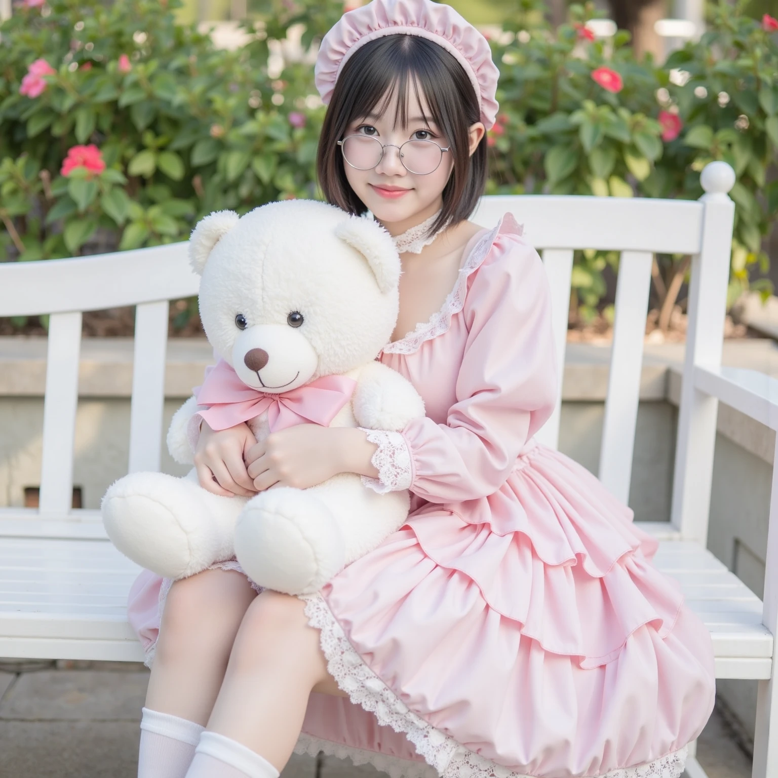 strawberry pink cute girl whole body Wearing a rabbit hat, Long sleeve white dress, And heeled shoes. Her black bangs peeked out from under her hat、Each eye has three eyelashes。. Shine; Sparkling strawberryの花