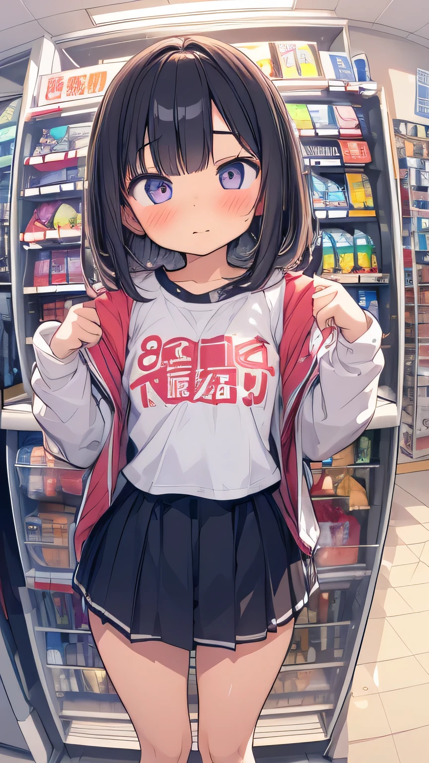 1 girl fisheye lens　blush　clothes with a lot of exposed skin　convenience store　motion line　