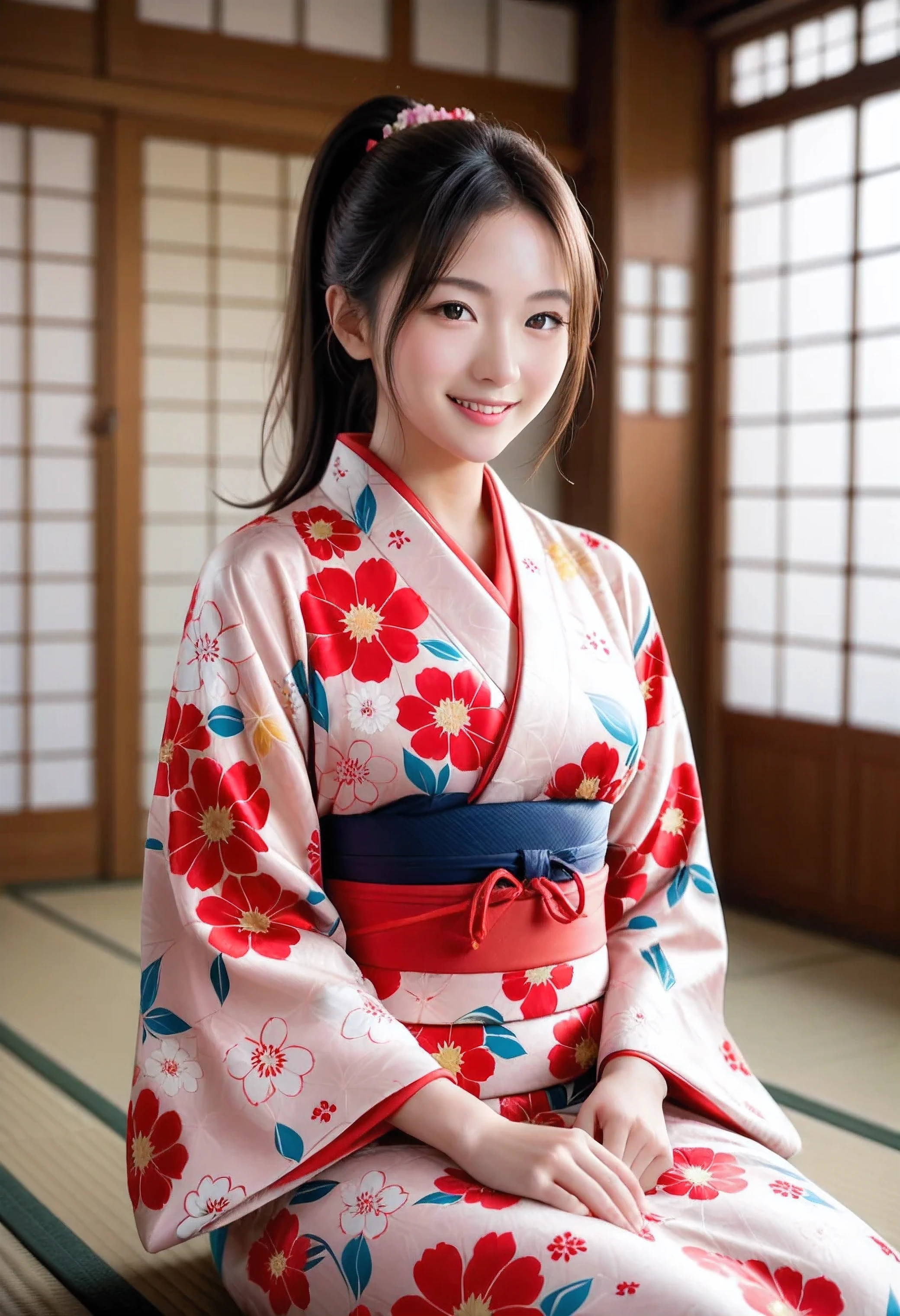 score_9, score_8_up, score_7_up, super detailed, 32K, Masterpiece, top quality, super high definition ,nsfw, official art, photorealistic, sharp focus, solo, KAREN, 1 classy Japanese girl, ((ponytail)), black hair, smaller face, natural makeup, cute face, medium breasts, curvy body, perfect_proportioned body, Detailed high quality, Realistic depiction of face, fair skin, (((Japanese kimono / red colored furisode))), (((gorgeous floral kimono))), sitting on futon, inside of Japanese style room, tatami and futon, from front, cowboy shot, gentle smile,