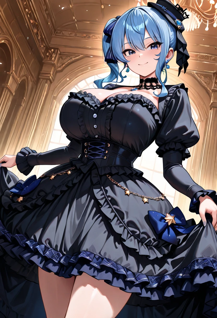 on lap,((((upright)))), ((((stand up)))), looking at the viewer, simple background、white background, 1 girl, open your mouth, smile, Virtual YouTuber、with a girl、((highest quality, expensive_solve, clear_image)),(black hair), (black cat ears), (Ahoge), (ridiculously short hair), (wavy hair), (blue eyes),、laughter、very big breasts、((concept art))、((front))、I can see the cleavage、sexy dress、Symmetrical
