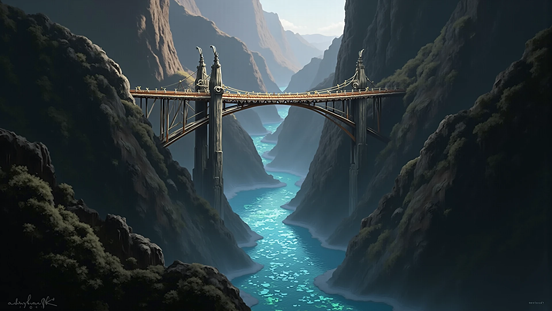 Bridge suspended between two giant cliffs above glowing river - SeaArt AI