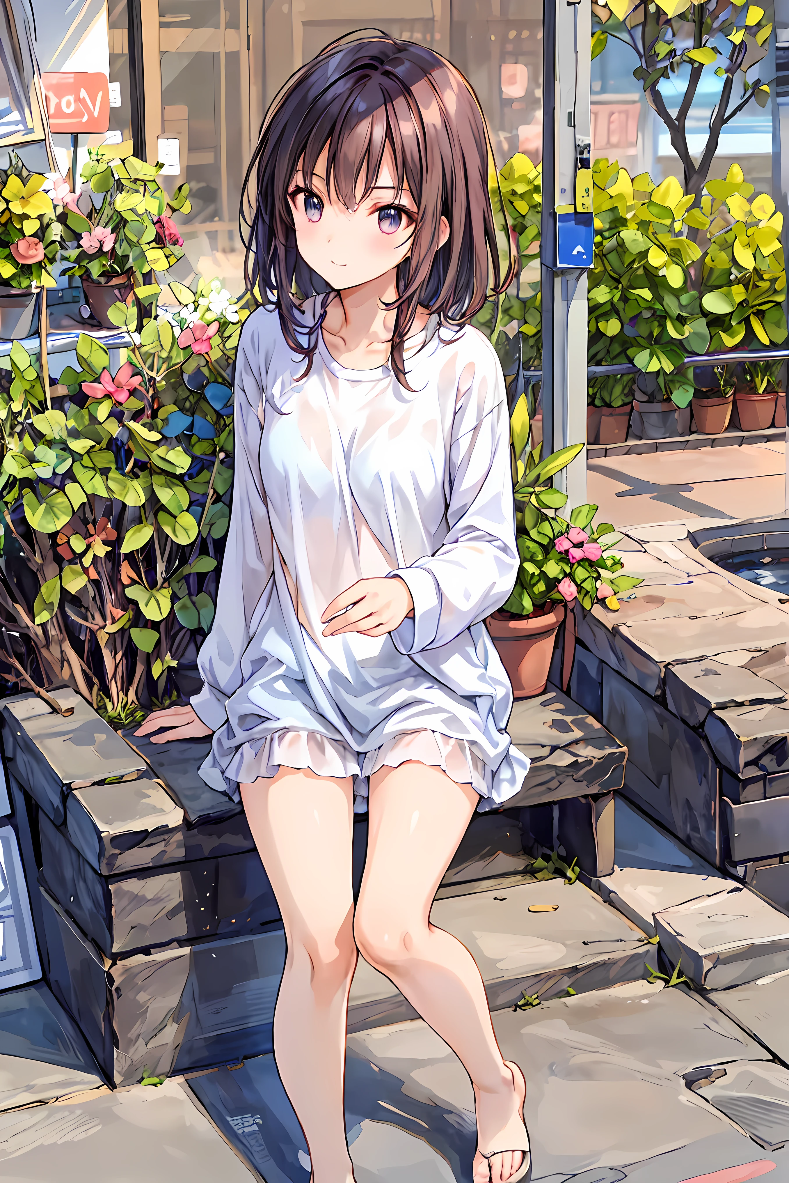 ( masterpiece), Highest Quality,  cute girl leaning on a wall,  embarrassing, , Intimate moments,  cute,   cropped shirt,  look down,  high angle, close, BREAK  she says   embarrassing,  she says  ,  Forest Setting ,  cute imgae， hair， Shortcuts ， 乱れたhair，短い編み込みのhair， Neat ，  slender and beautiful woman with C cup breasts， correct posture，small breasts， beautiful leg， has enchanting gray-blue eyes that shine like stars， droopy eyes ， Brilliant Colors, beautiful eyes on my stomach,A delicate smile,Textured Skin, Highest Quality ,  gentle beautiful woman  , anime style､
