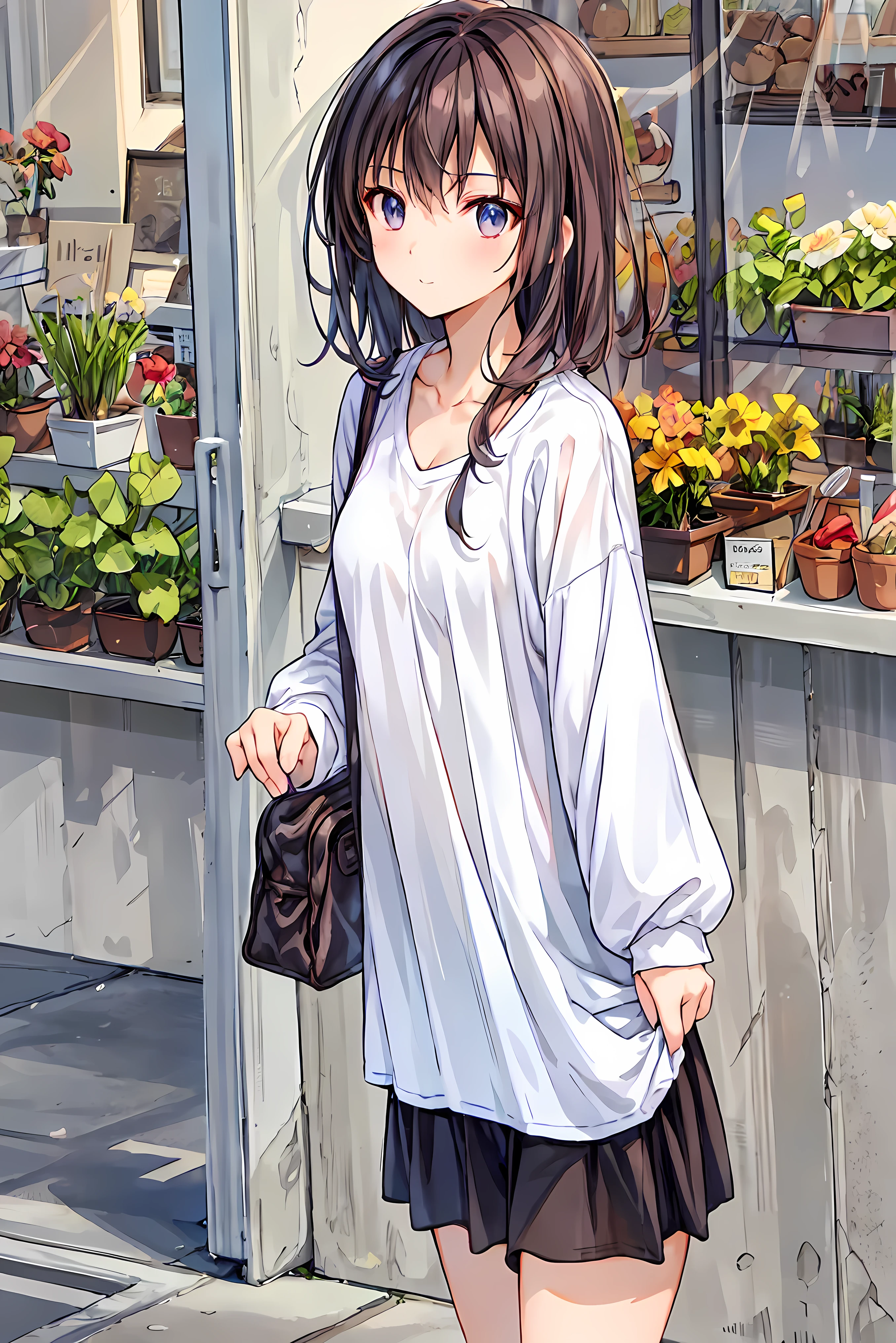 ( masterpiece), Highest Quality, cute girl leaning on a wall, embarrassing, , Intimate moments, cute, cropped shirt, look down, high angle, close, BREAK she says embarrassing, she says , Forest Setting , cute imgae, hair, Shortcuts , 乱れたhair,短い編み込みのhair, Neat , slender and beautiful woman with C cup breasts, correct posture,small breasts, beautiful leg, has enchanting gray-blue eyes that shine like stars, droopy eyes , Brilliant Colors, beautiful eyes on my stomach,A delicate smile,Textured Skin, Highest Quality , gentle beautiful woman , anime style、