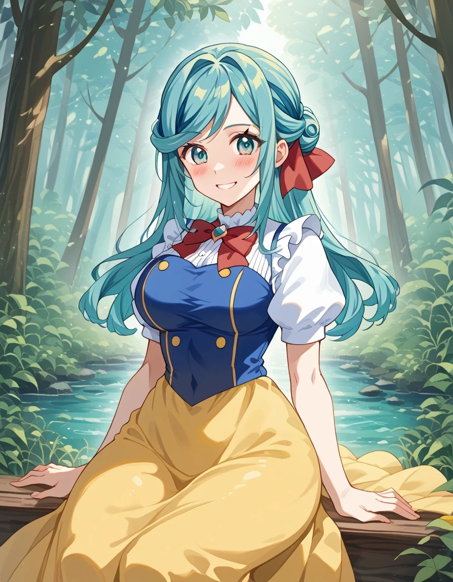 score 9 、score 8 up、score 7 up、傑作、最高品質、高解像度、anime coloring、、1woman、pokemon grusha、solo、long hair、aqua eyes、blue hair、green hair、aqua hair、multicolored hair、hair bun、睫毛、half up hair、big breasts、very large breasts、、snow white cosplay、snow white (disney) (cosplay)、cosplay、red head bow、dress、puffy and slash sleeves、puffy short sleeves、white collar、puffy sleeves、red bowtie、light blue short sleeves、yellow skirt、navy blue dress、forest、sitting、smile、blush、looking at viewer、cowboy shot、