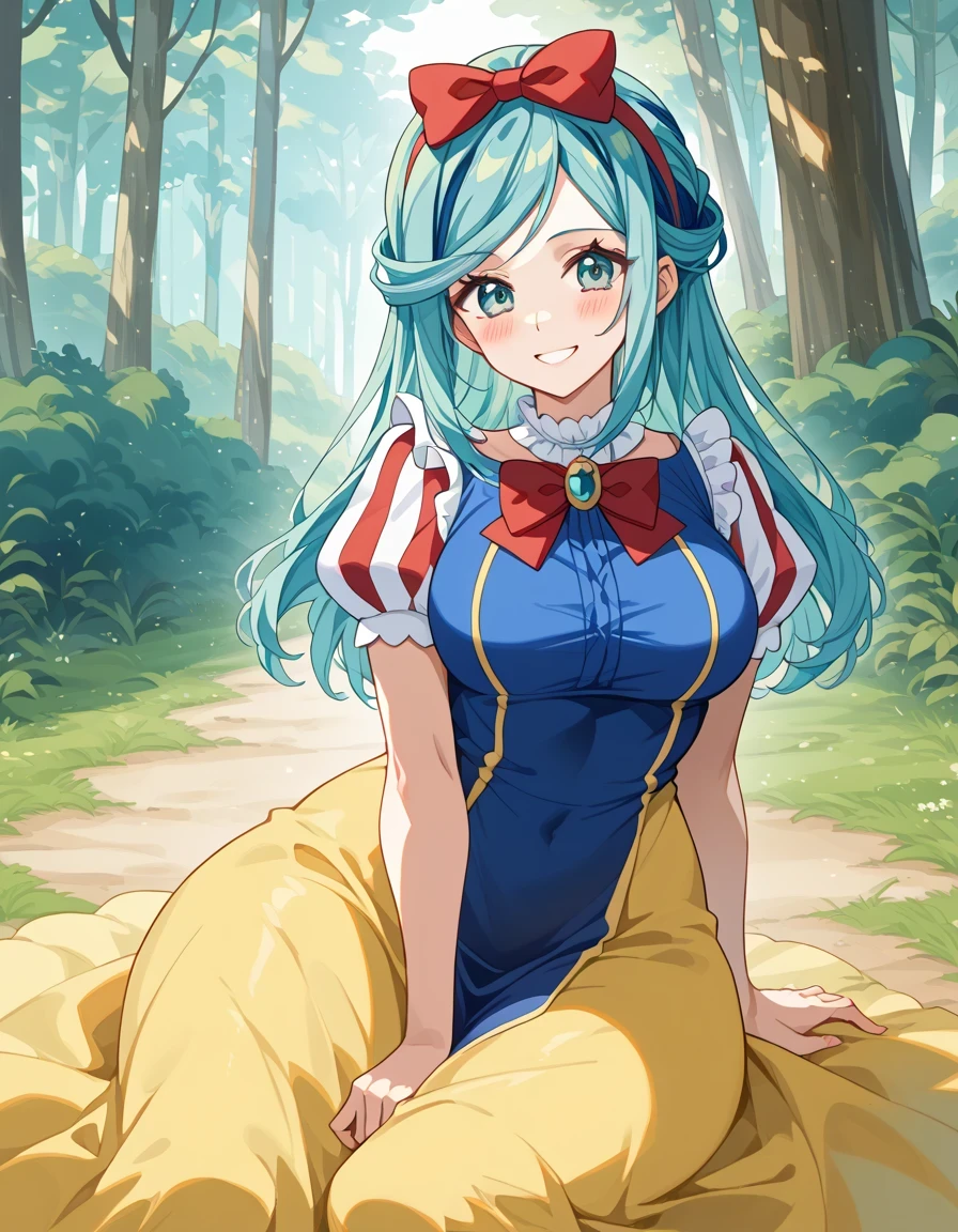 score 9 、score 8 up、score 7 up、傑作、最高品質、高解像度、anime coloring、、1woman、pokemon grusha、solo、long hair、aqua eyes、blue hair、green hair、aqua hair、multicolored hair、hair bun、睫毛、half up hair、big breasts、very large breasts、、snow white cosplay、snow white (disney) (cosplay)、cosplay、red head bow、dress、puffy and slash sleeves、puffy short sleeves、white collar、puffy sleeves、red bowtie、light blue short sleeves、yellow skirt、navy blue dress、forest、sitting、smile、blush、looking at viewer、cowboy shot、