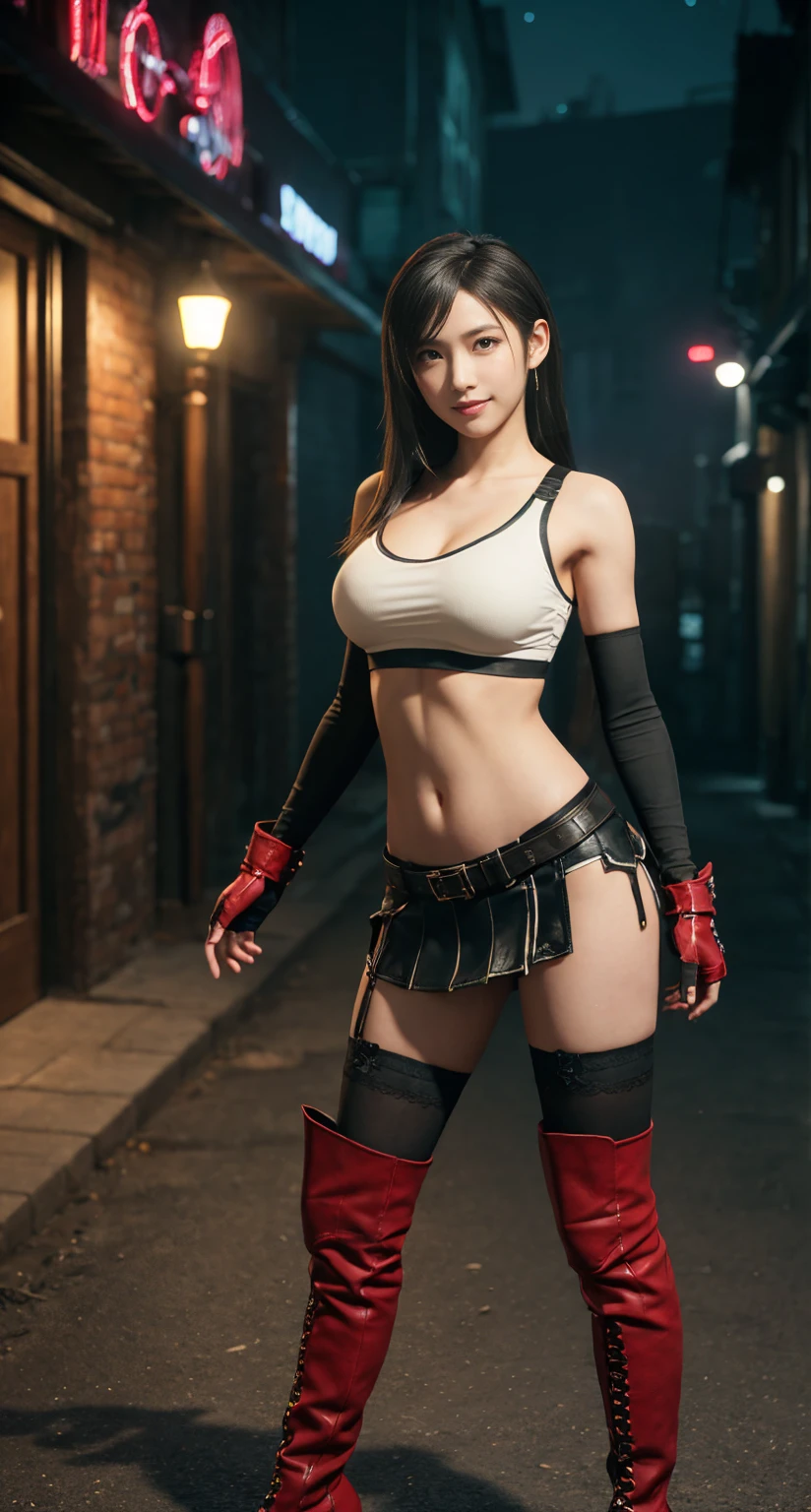tifa lockhart,  depth of field, night,   side lighting, thighs,  skirt, red eyes, brown hair, thigh high socks, arm sleeves
