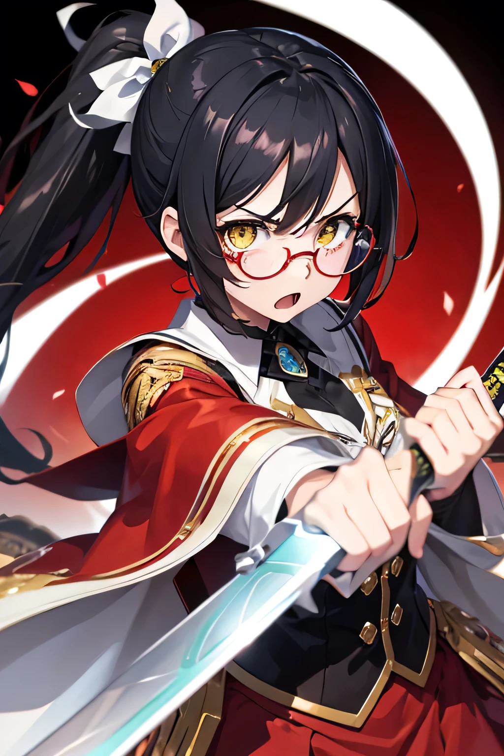 one girl with arms、black hair、hair with side ponytail、yellow eyes, scowl the person、round glasses、open your mouth、angry expression、red and white costume 、has a sword、black background、anime style、Highest Quality。