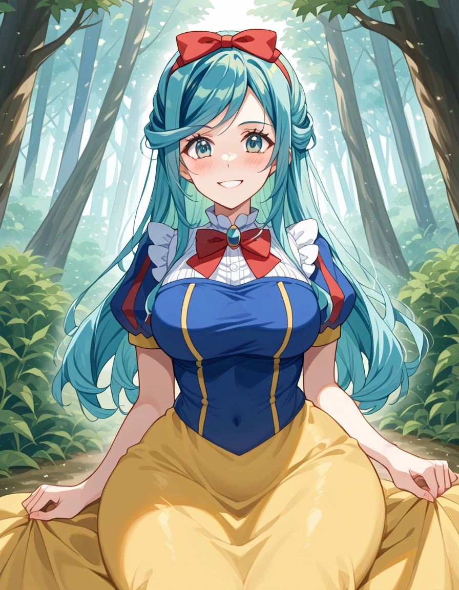 score 9 、score 8 up、score 7 up、傑作、最高品質、高解像度、anime coloring、、1woman、pokemon grusha、solo、long hair、aqua eyes、blue hair、green hair、aqua hair、multicolored hair、hair bun、睫毛、half up hair、big breasts、very large breasts、、snow white cosplay、snow white (disney) (cosplay)、cosplay、red head bow、dress、puffy and slash sleeves、puffy short sleeves、white collar、puffy sleeves、red bowtie、light blue short sleeves、yellow skirt、navy blue dress、forest、sitting、smile、blush、looking at viewer、cowboy shot、