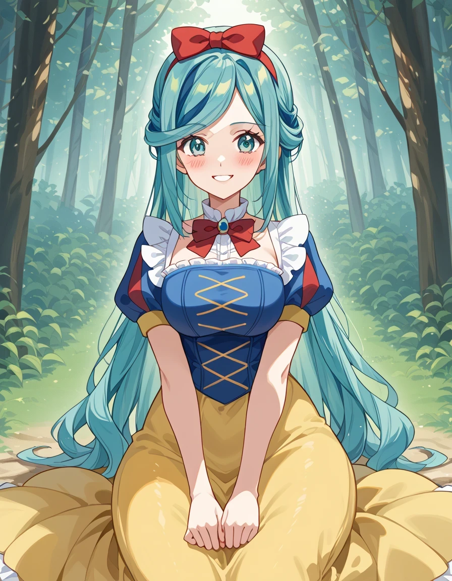 score 9 、score 8 up、score 7 up、傑作、最高品質、高解像度、anime coloring、、1woman、pokemon grusha、solo、long hair、aqua eyes、blue hair、green hair、aqua hair、multicolored hair、hair bun、睫毛、half up hair、big breasts、very large breasts、、snow white cosplay、snow white (disney) (cosplay)、cosplay、red head bow、dress、puffy and slash sleeves、puffy short sleeves、white collar、puffy sleeves、red bowtie、light blue short sleeves、yellow skirt、navy blue dress、forest、sitting、smile、blush、looking at viewer、cowboy shot、