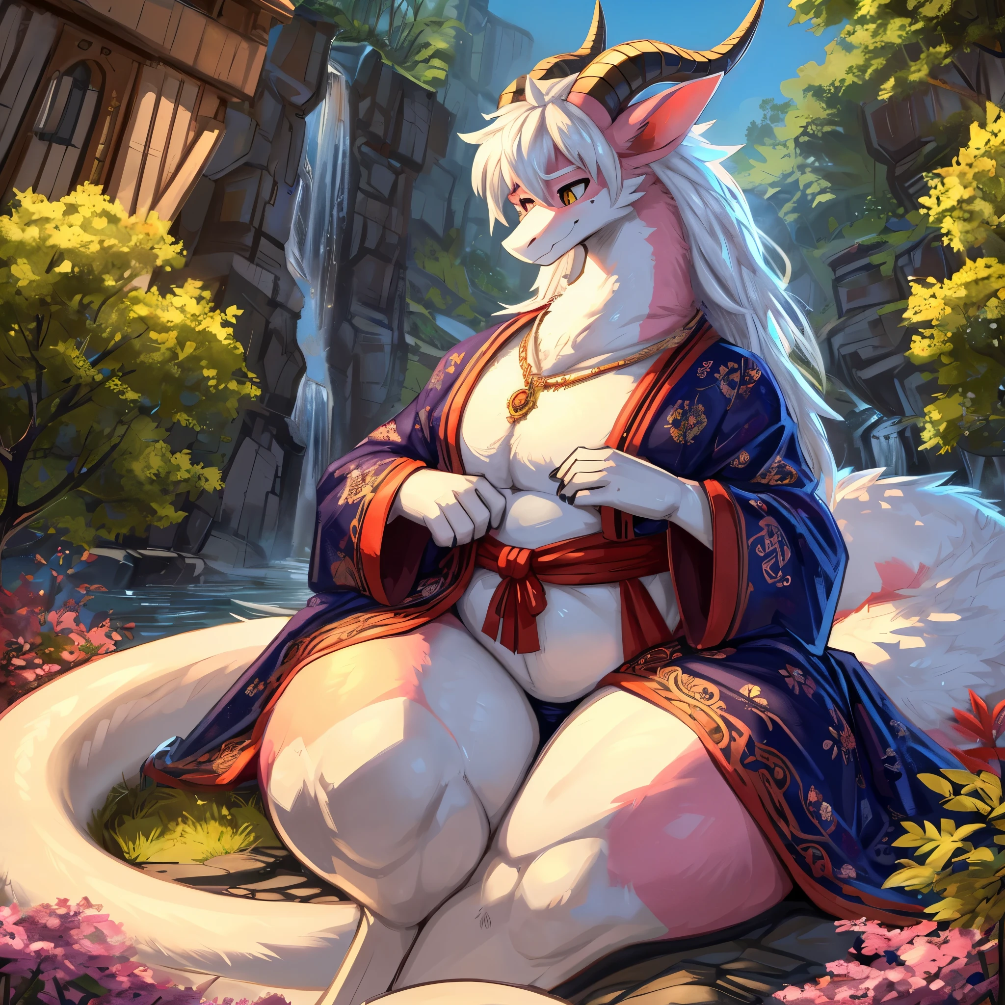 ultra-detailed, masterpiece, masterwork, high quality, best quality, hdr, japanese style room, nature, night, (nsfw), (solo), female, dragon, (white little body minotaur), (white body), (bare yukata, upskirt), (long golden hair), (yellow eyes), stylish pose, from below, dynamic angle,earrings, Scar in one eye, tits, pubic hair