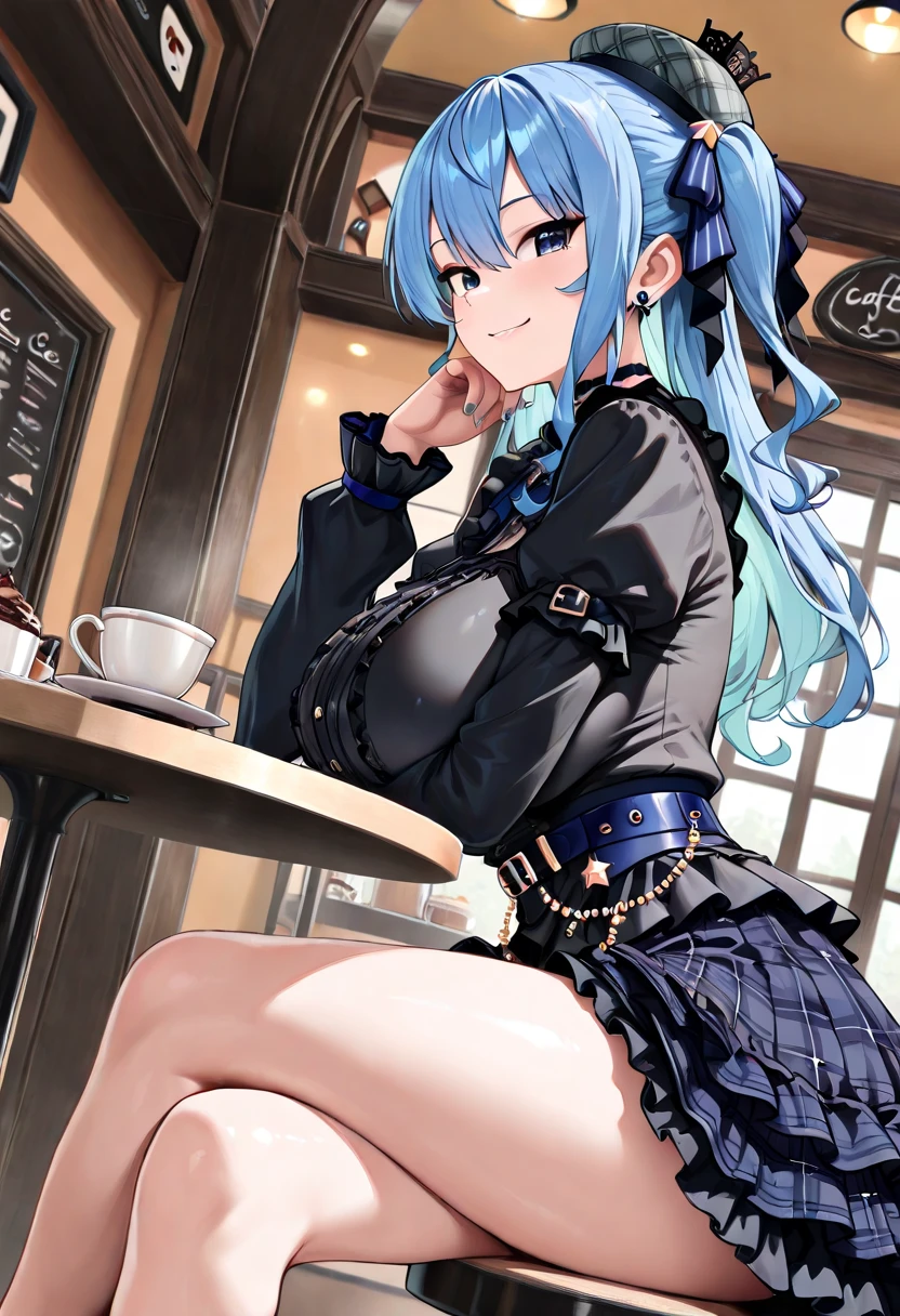 (from below:1.2),(from side:0.9), ((cute Face)), (Close-Up:0.6), ((looking at viewer, holding a icecream)),(Italian sweets magazine cover:1.4), highest quality、(real、photorealistic:1.5),(ultra high resolution,dark blue hair,long hair,side ponytail,hair between eyes,bangs, (beret, black jacket, open clothes, cleavage, midriff, black shorts, black thighhighs, thigh strap, fingerless gloves, single glove:1.2), (double breasted,under bust:1.2), sitting at a table, cute, anime visual of a cute girl, cute anime girl, eating cakes, young anime girl, guweiz, high quality anime artstyle, anime girl, artwork in the style of guweiz, beautiful anime girl, pretty anime girl, (anime girl), official artwork,(with sparkling eyes and a contagious smile),her thin pubic hair, looking at viewer, pose muy sexy"