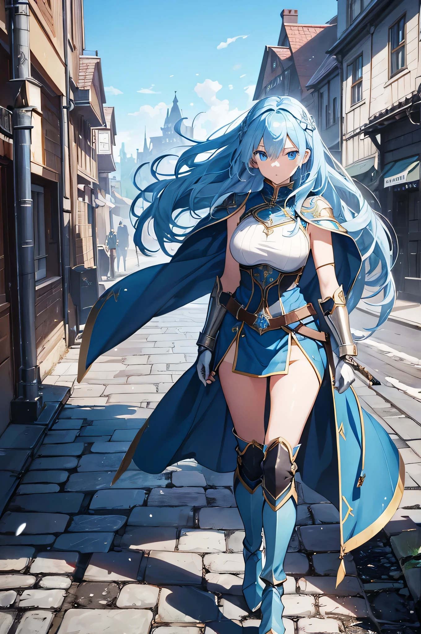 Highest quality、unity 8k wallpaper、32k、masterpiece、Very detailed、Ultra-high resolution、Very detailedな顔, RAW Photos, Professional, Ultra-fine painting, Blue Hair、Princess Half Up、Red Eyes、20Women in their early teenagic Warrior、Blue and white leotard、Pleated skirt、Half puff sleeves with shoulder pads、A large white ribbon with a large sapphire on the chest、White and blue long gloves、White and blue thigh-high stiletto boots、