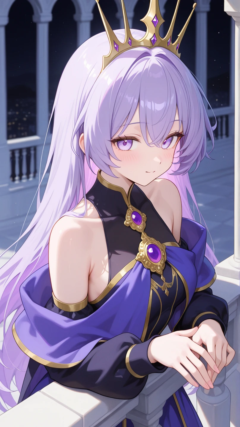(masterpiece, top quality, best quality, official art, beautiful and aesthetic:1.2), (1girl:1.3), wavy long hair, light purple hair, extremely detailed, portrait, looking at viewer, solo, (full body:0.6), detailed background, close up, glowing eyes, (cold arctic winter theme:1.1), fortune teller, charlatan, smirk, mysterious, sitting at table, colorful shoulderless loose gypsy fortune teller clothes, chalice, tarot cards, crystal ball, medieval (tent interior:1.1) background, tent curtains in background, dark mysterious lighting, shadows, magical atmosphere, starry night,, dutch angle