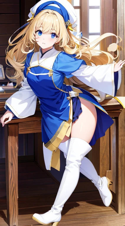 masterpiece, high quality, bbcaster, mature woman, long hair, double tail, beret, blue hats, green eyes, bow tie, no dress, long sleeves, black gloves, buttons, double breasted, blue belt, black pantyhose, thick body, rear view , looking at viewer, huge ass, focus on ass, show ass, white thong, pantyhose lines under pantyhose
